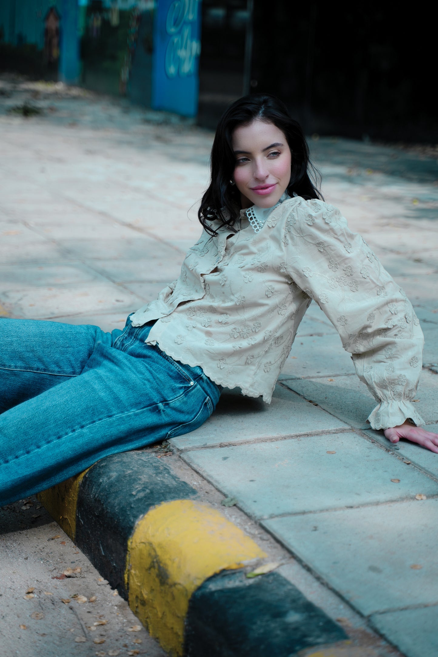Brewed Bloom – Coffee Scallop Shirt with 3D Florals