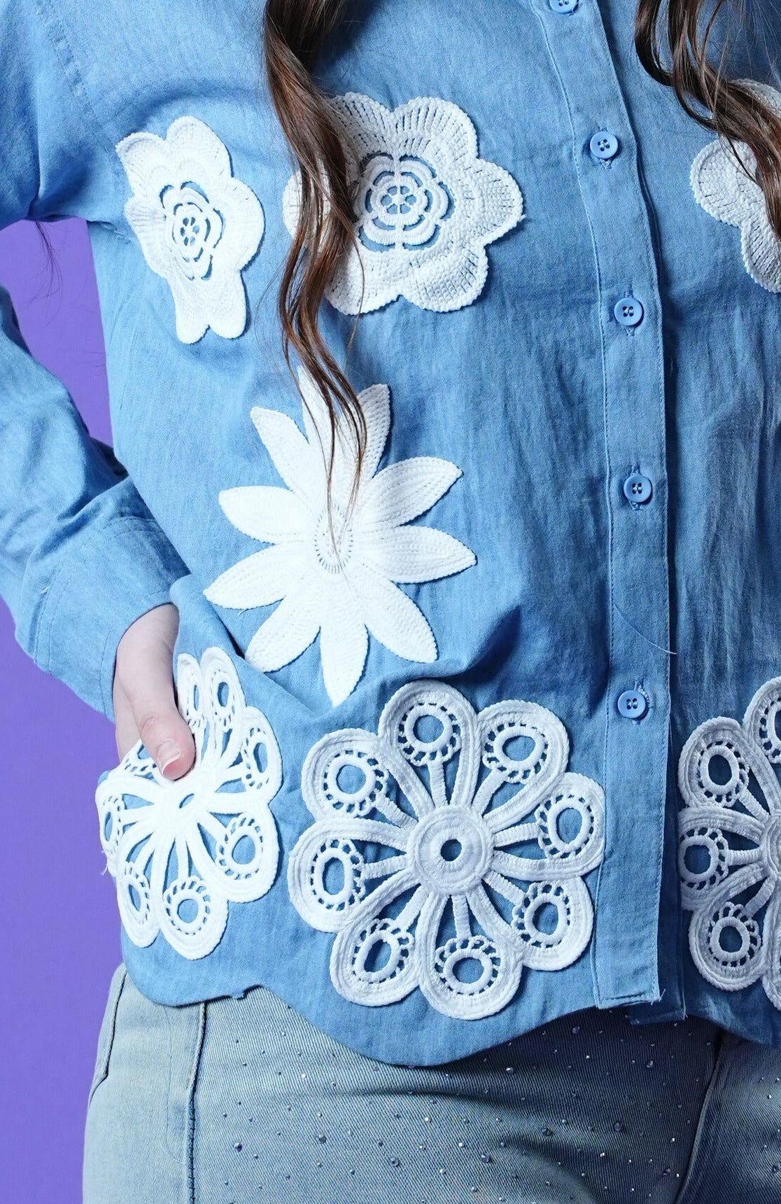 Denim shirt with flower patch work