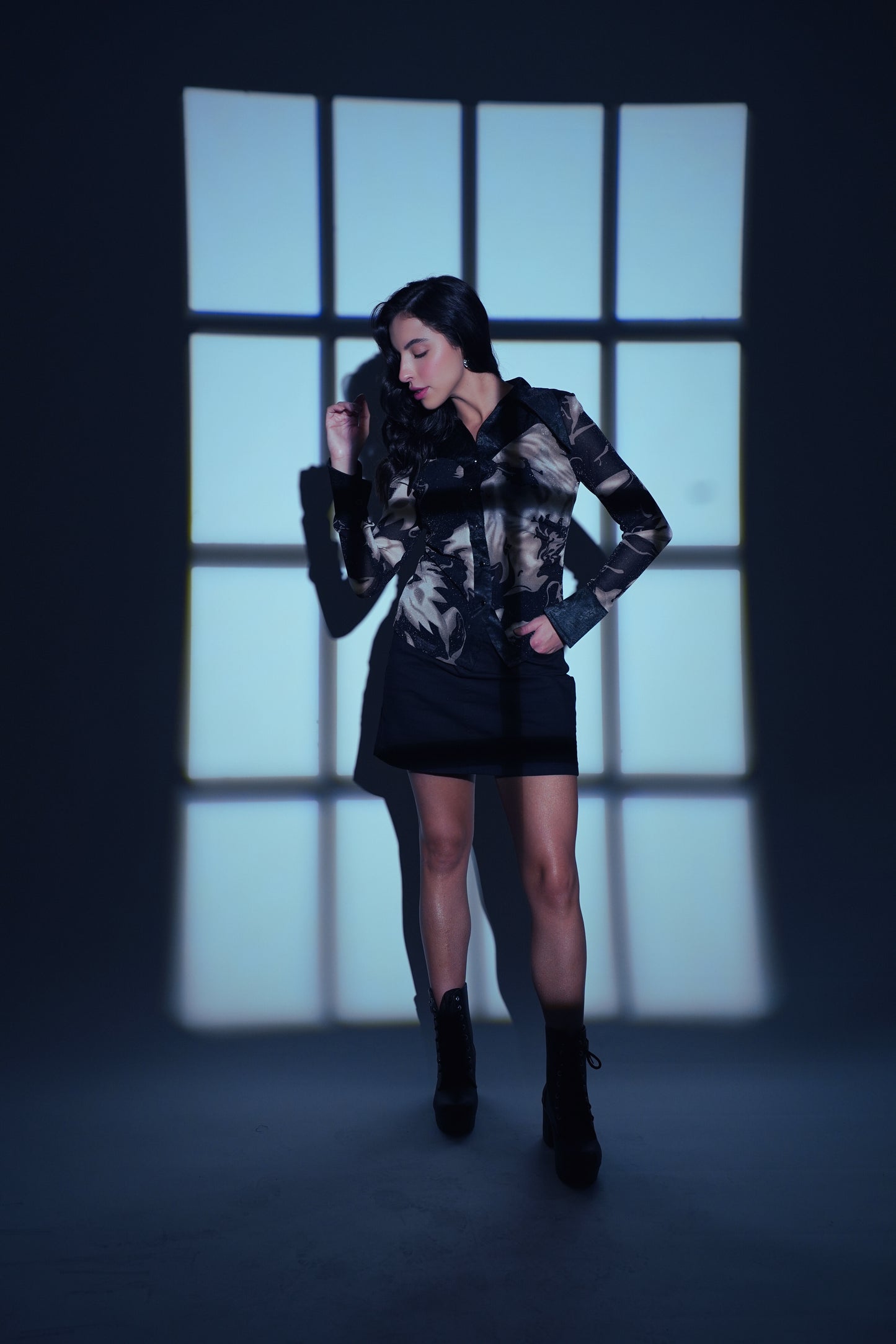 Galaxy Glaze – Printed Mesh Sheer Shimmer Top