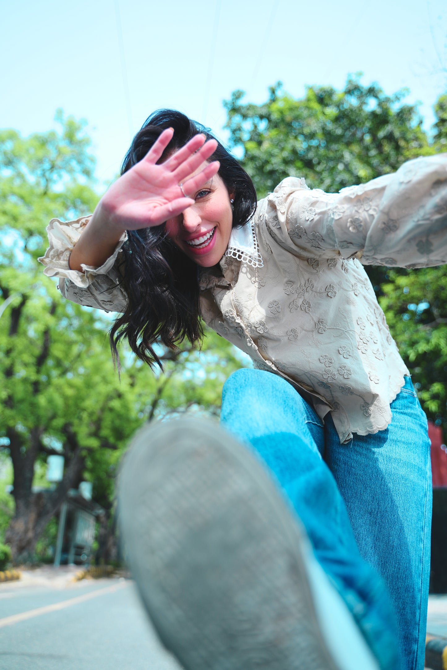 Brewed Bloom – Coffee Scallop Shirt with 3D Florals