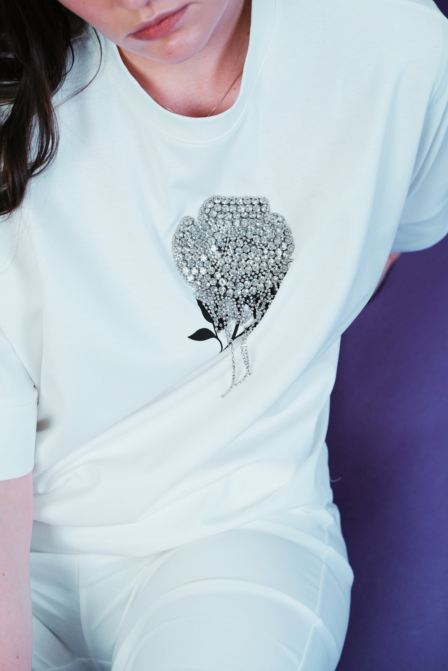 Diamond Bloom Co-ord Set for Women – Rhinestone Rose Embroidered Tee & Stretchable Knit Pants with Pockets