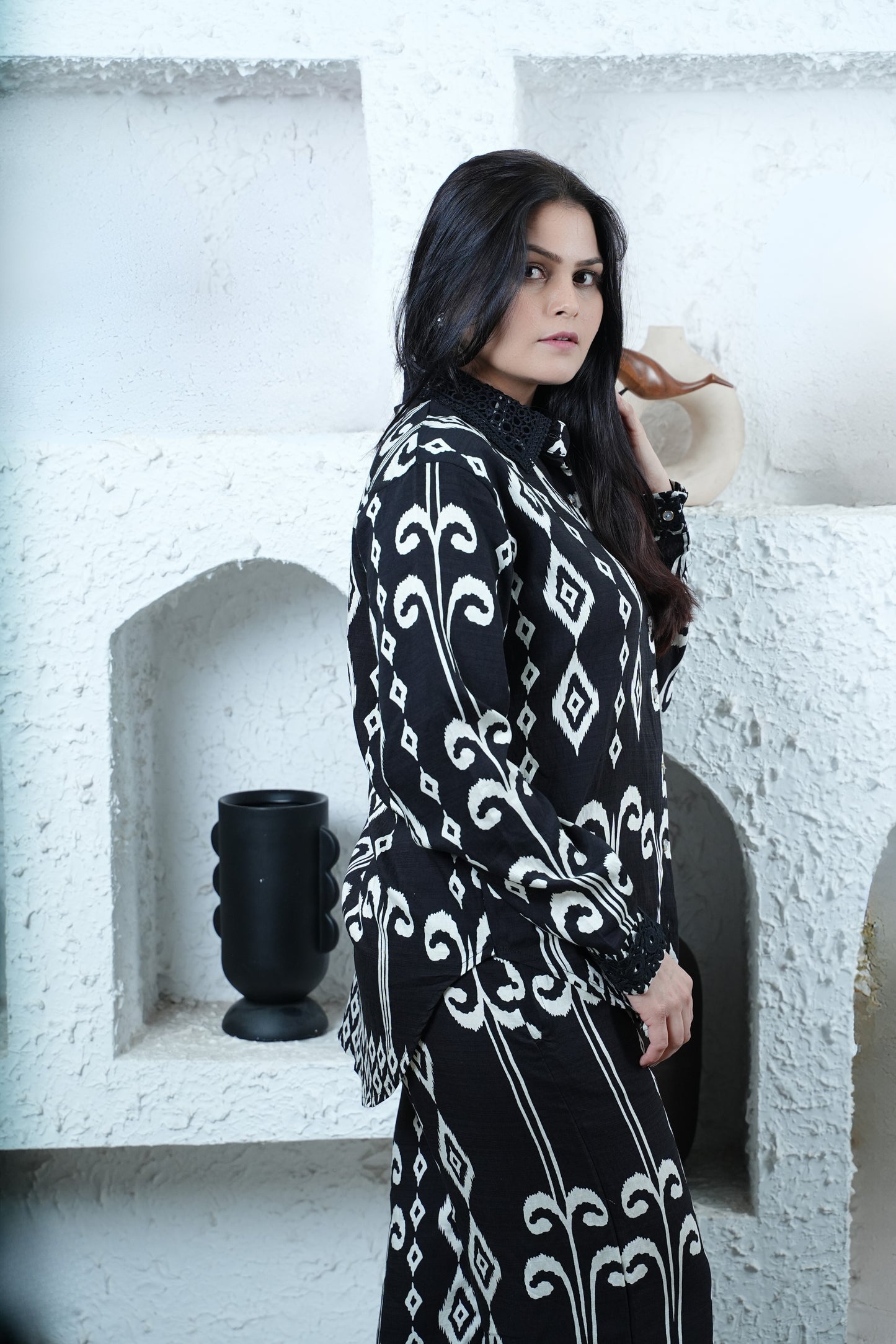 Ink Rhythm Co-ord – Black Ikkat Print Shirt & Pant Set
