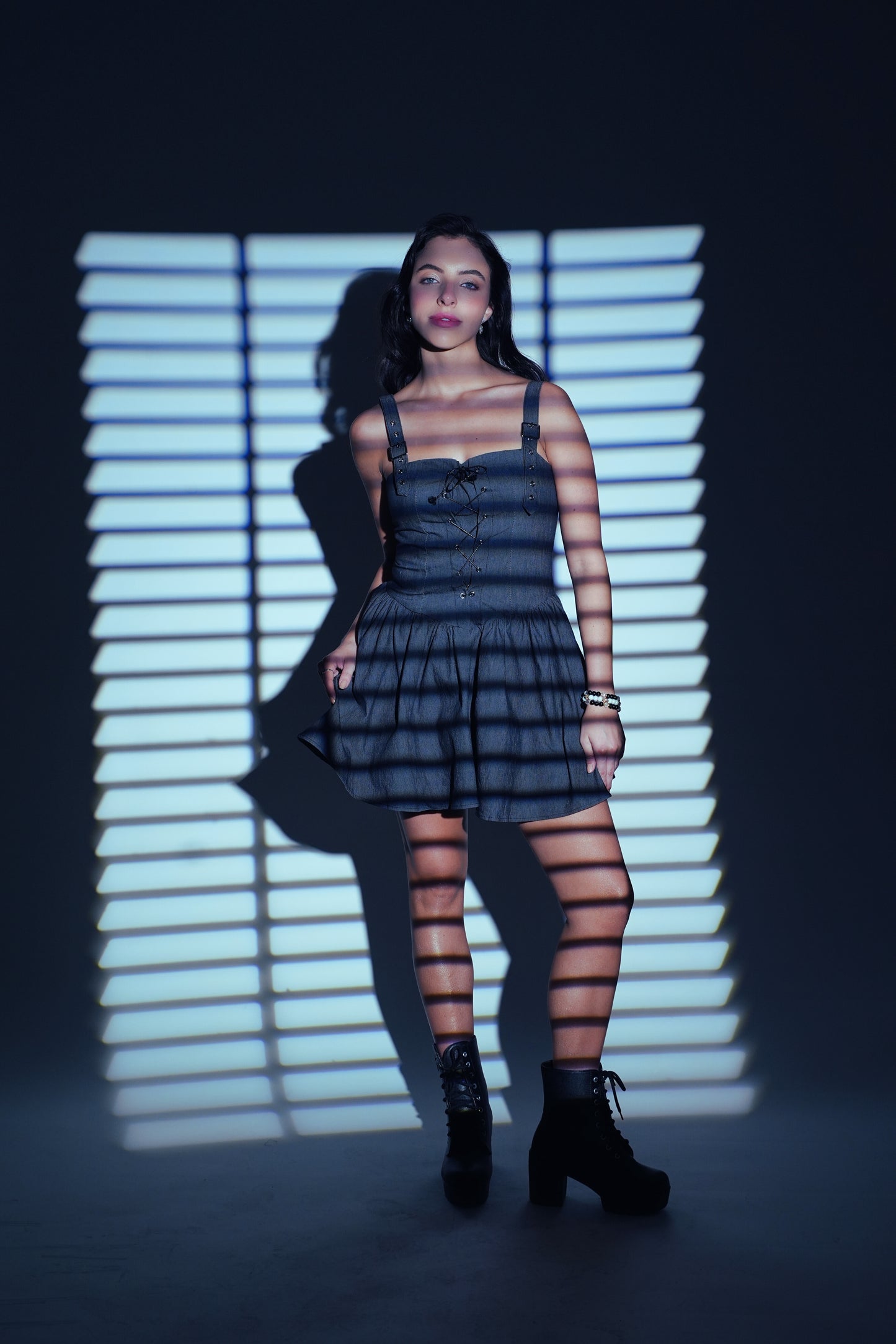 Criss-Cross Corset Bodice Denim Fit & Flare Dress