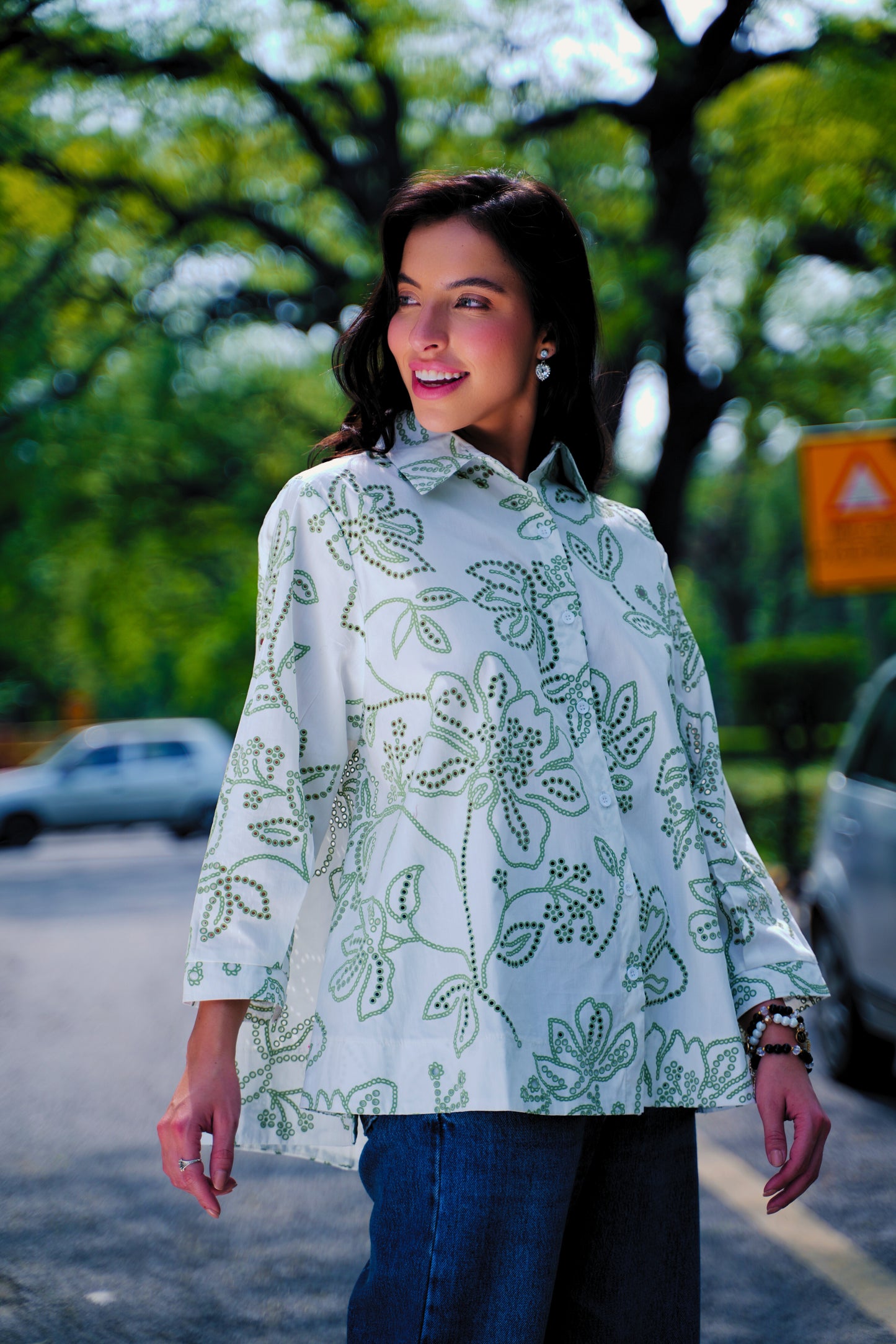 Heritage Bloom – Laser-Cut Oversized Cotton Shirt