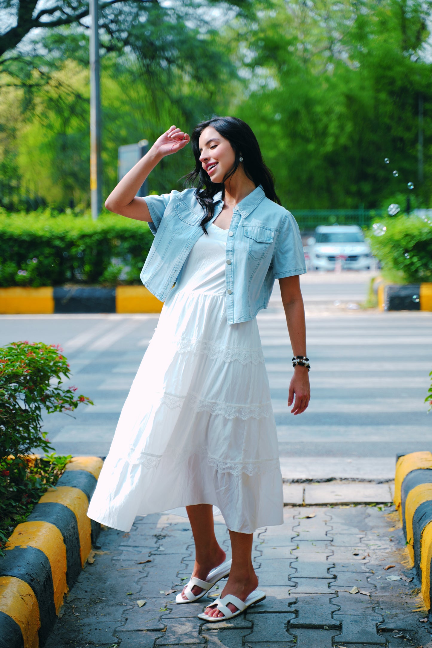 Cloudlight Muse Dress Set – White Tiered Maxi with Cropped Denim Shirt