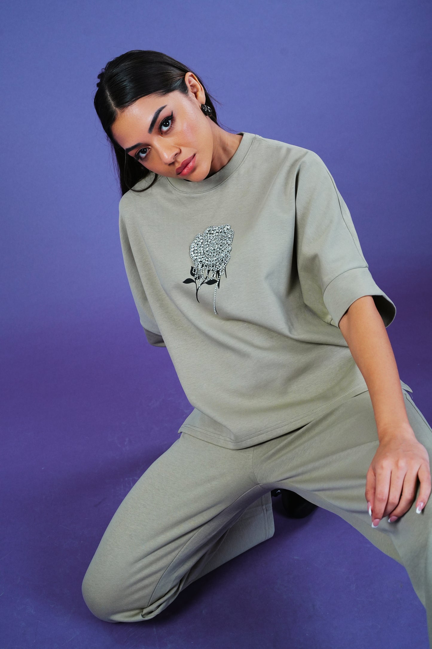 Matcha Diamond Bloom Co-ord Set for Women – Rhinestone Rose Embroidered Tee & Stretch Knit Pants with Pockets