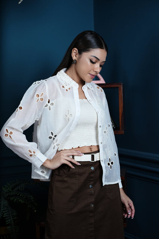 Beige Cotton Schiffli Shirt & Smocked Tube Top Co-Ord Set – Adjustable Straps | Summer Chic Edition