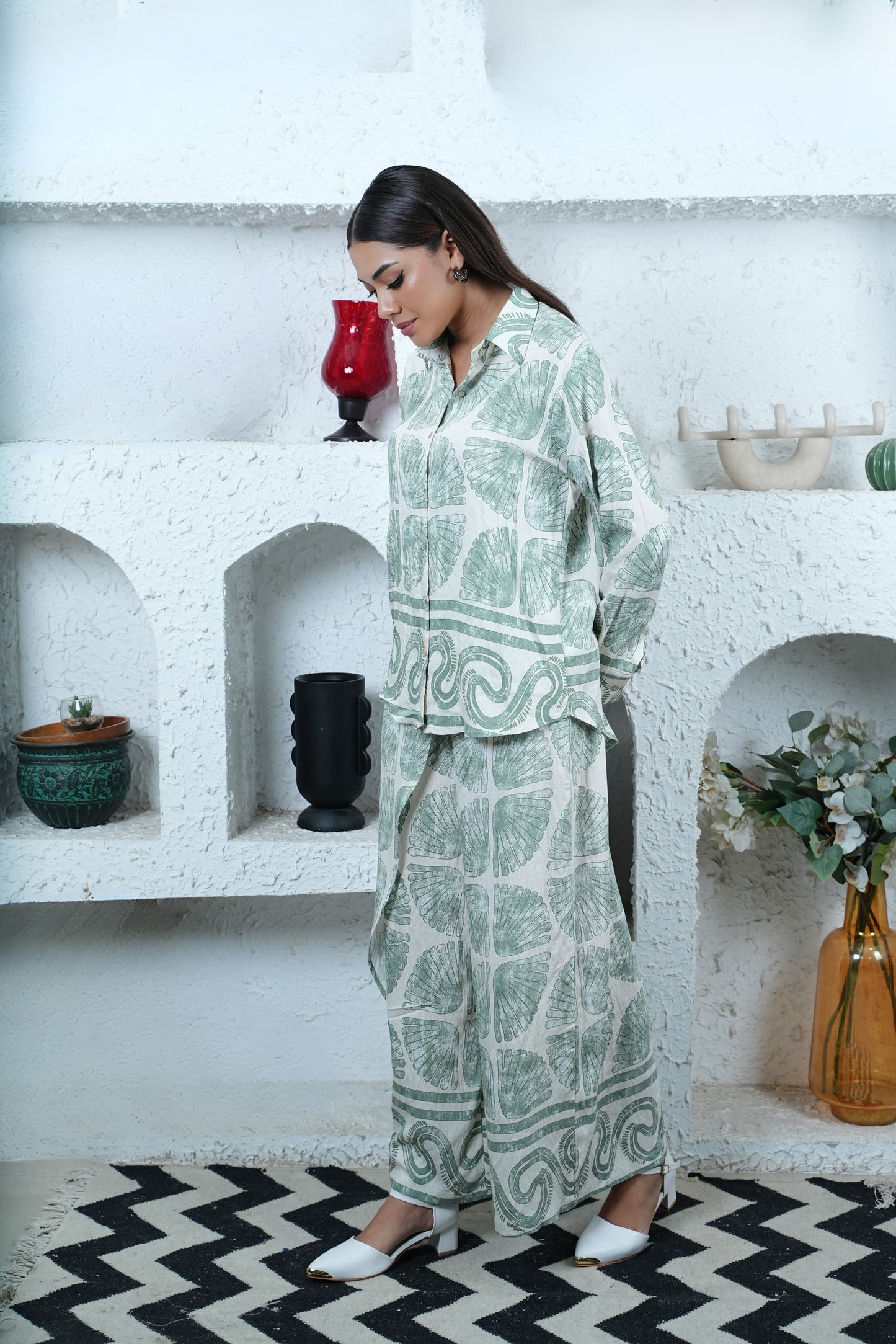 Coastline Drift Co-ord – Sea Shell Print Shirt & Overlap Pants Set