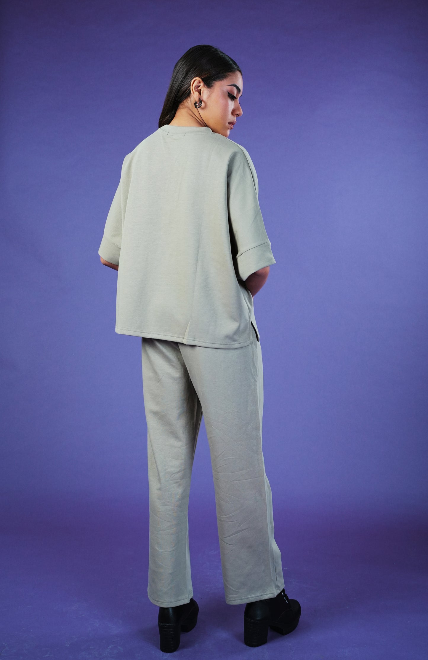 Matcha Diamond Bloom Co-ord Set for Women – Rhinestone Rose Embroidered Tee & Stretch Knit Pants with Pockets