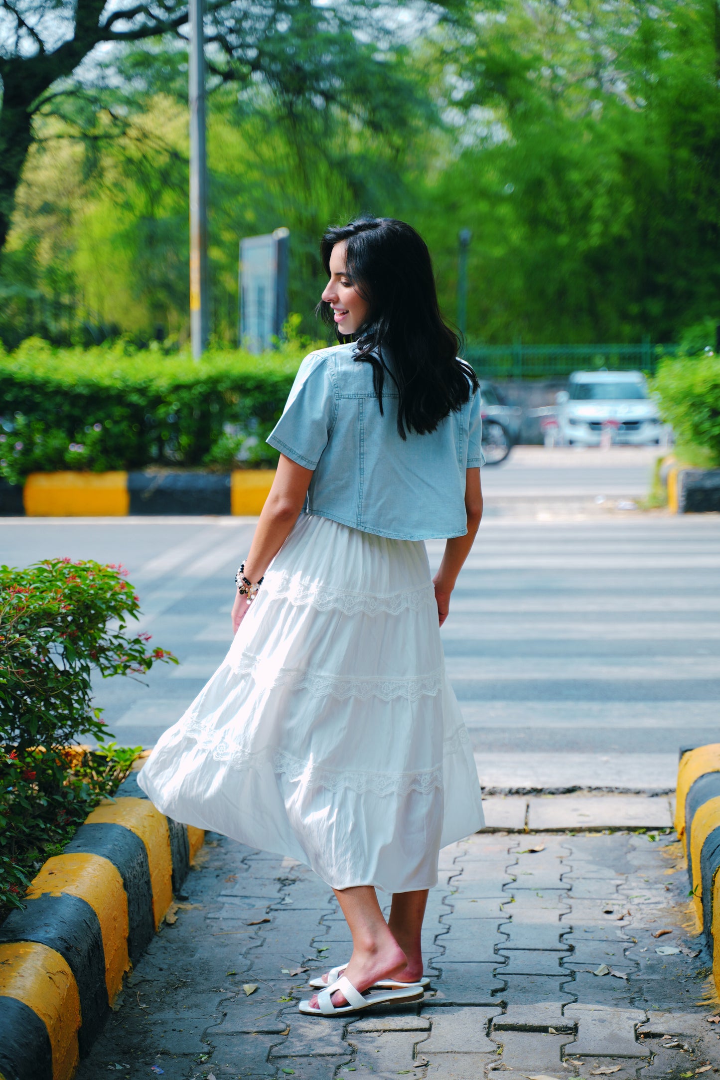 Cloudlight Muse Dress Set – White Tiered Maxi with Cropped Denim Shirt