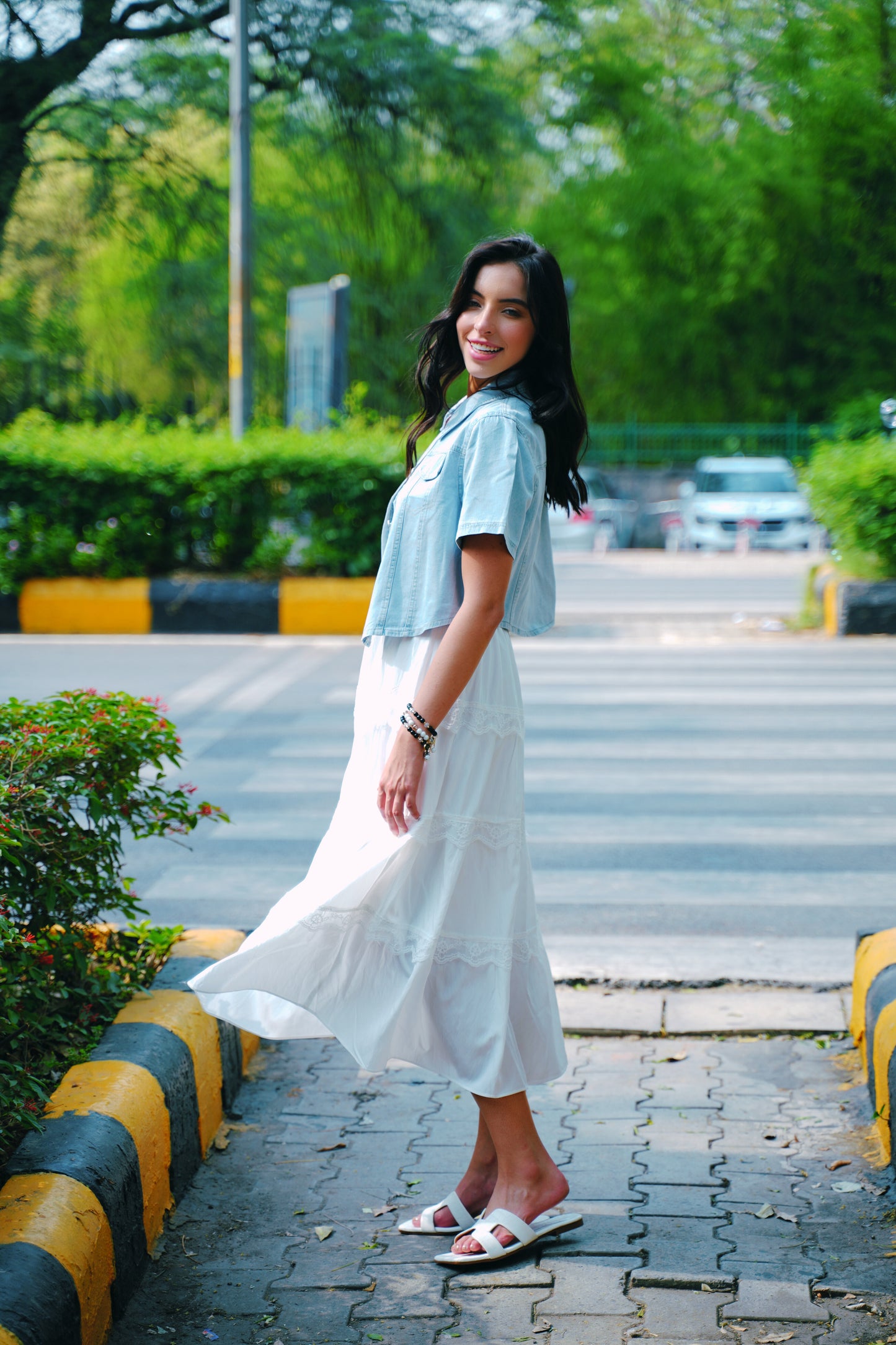 Cloudlight Muse Dress Set – White Tiered Maxi with Cropped Denim Shirt