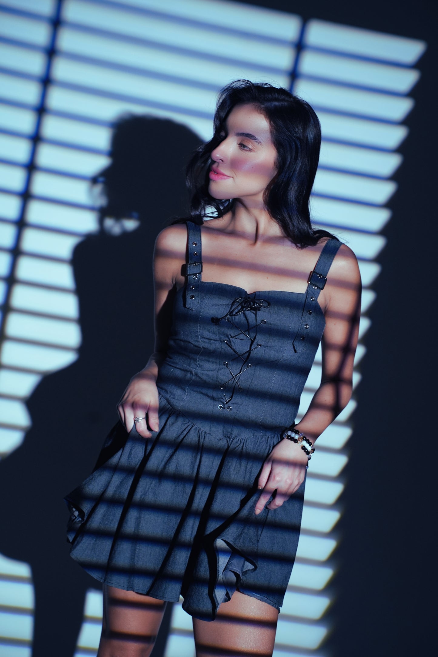 Criss-Cross Corset Bodice Denim Fit & Flare Dress