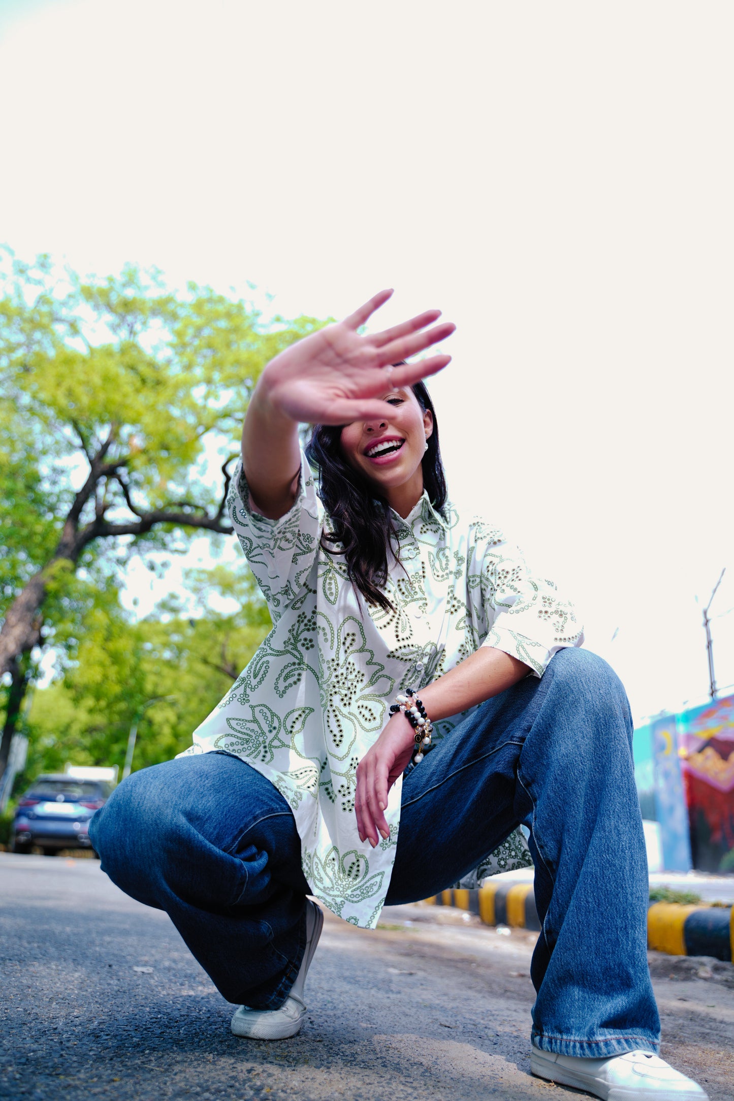 Heritage Bloom – Laser-Cut Oversized Cotton Shirt