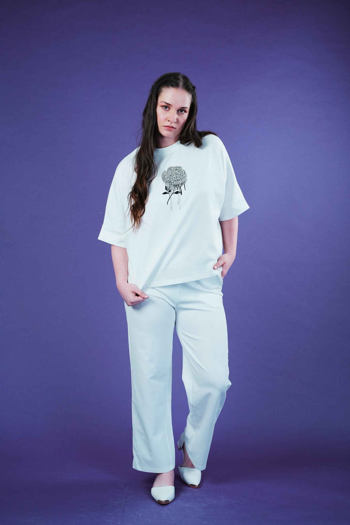 Diamond Bloom Co-ord Set for Women – Rhinestone Rose Embroidered Tee & Stretchable Knit Pants with Pockets