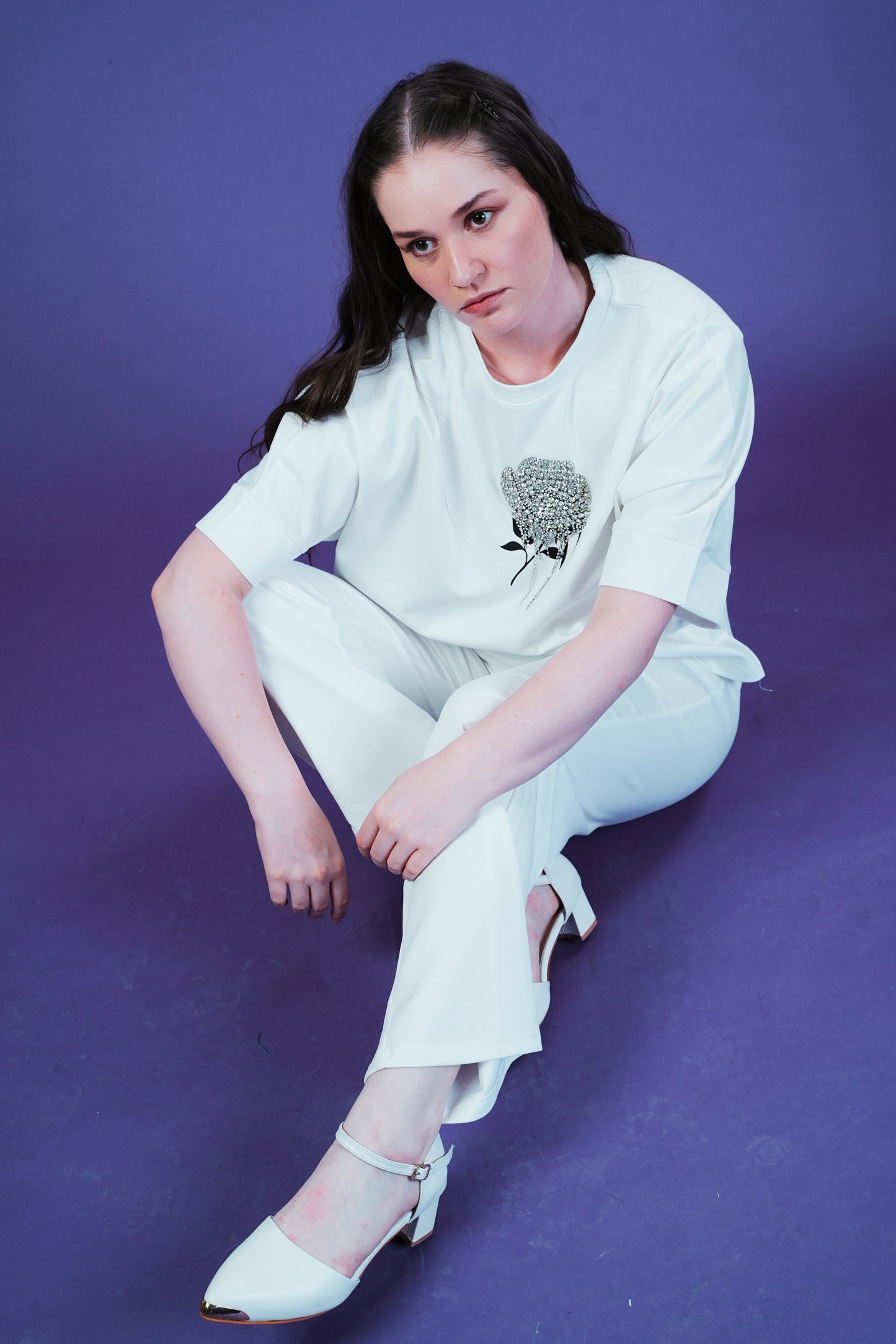 Diamond Bloom Co-ord Set for Women – Rhinestone Rose Embroidered Tee & Stretchable Knit Pants with Pockets