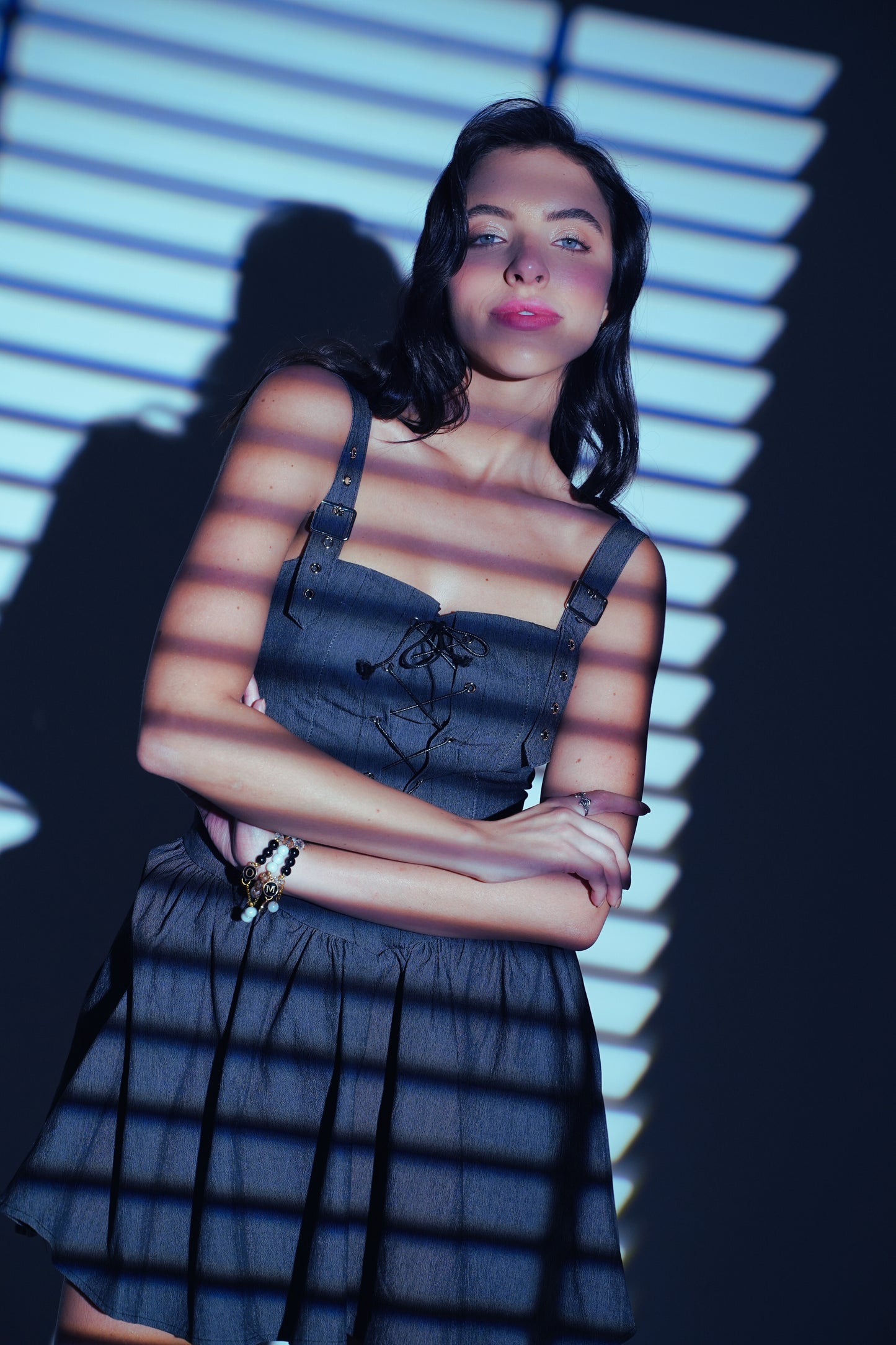 Criss-Cross Corset Bodice Denim Fit & Flare Dress