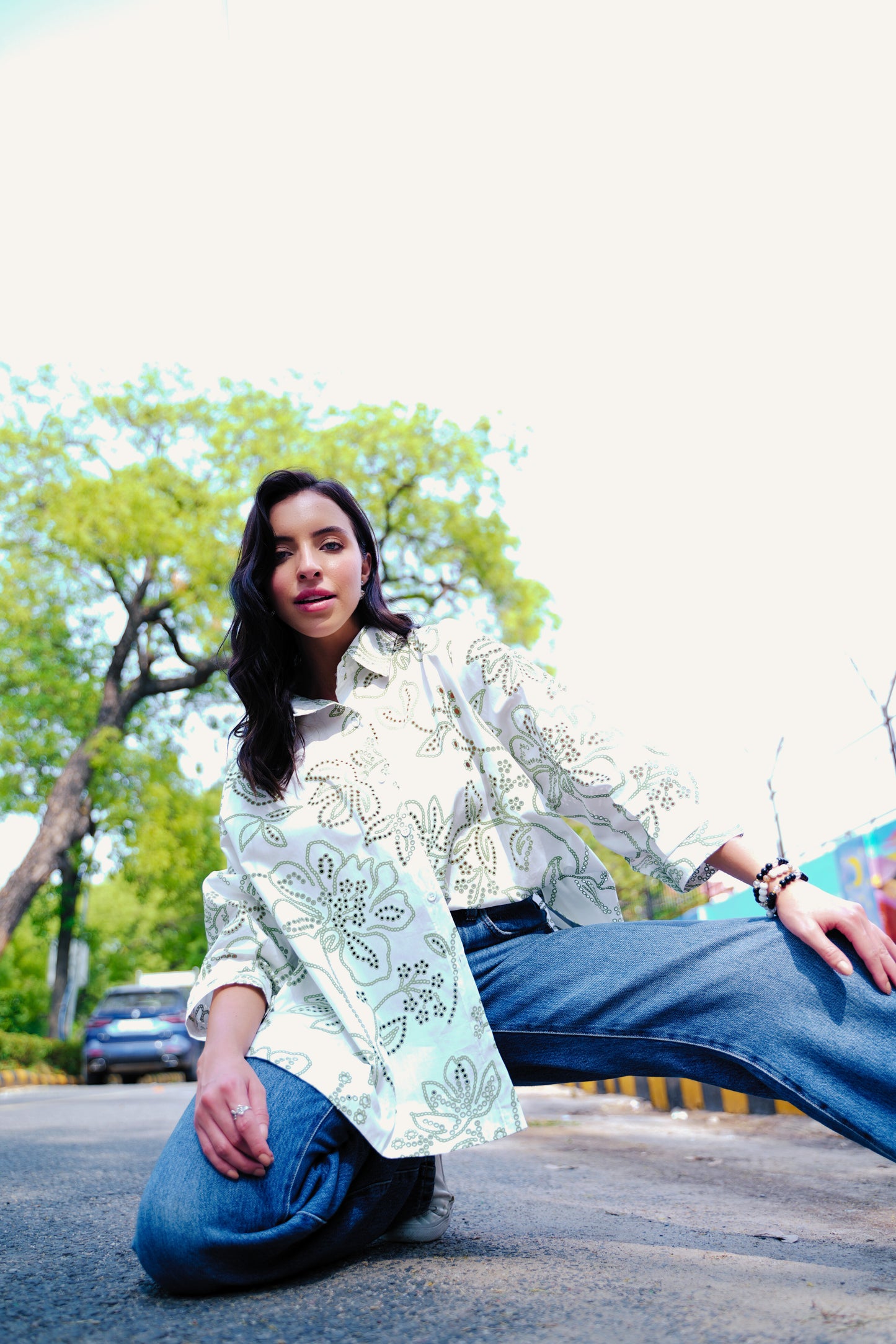 Heritage Bloom – Laser-Cut Oversized Cotton Shirt