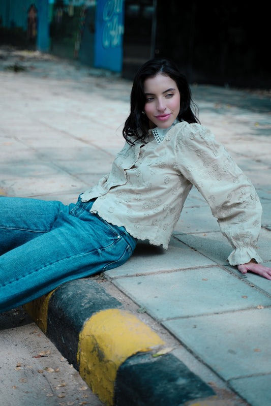 Brewed Bloom – Coffee Scallop Shirt with 3D Florals