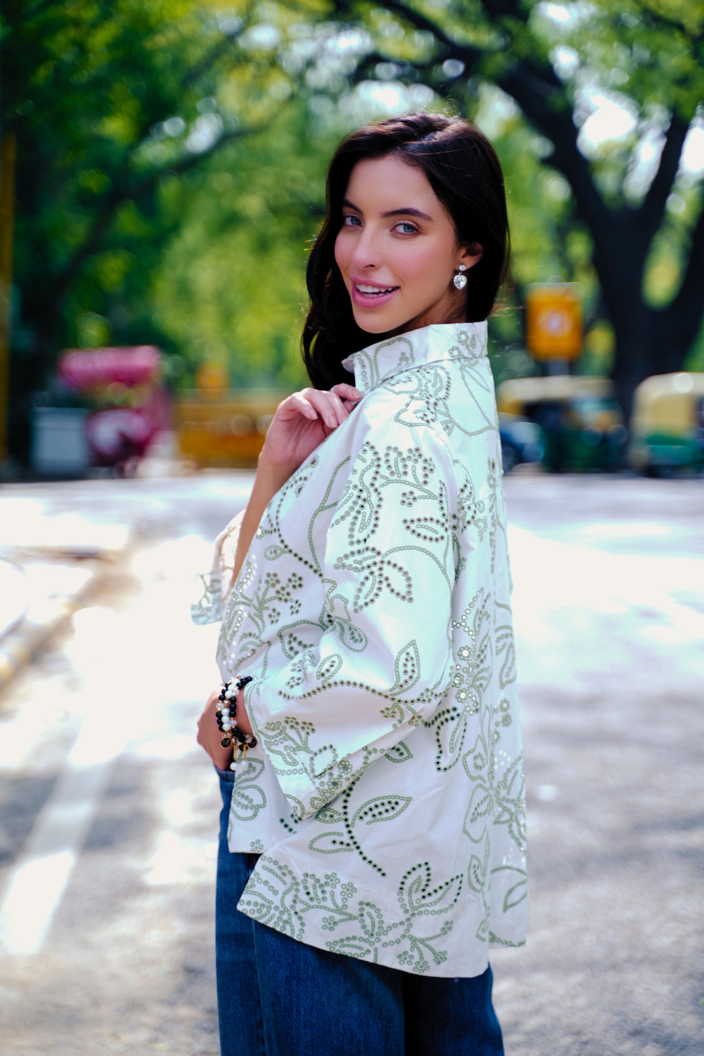 Heritage Bloom – Laser-Cut Oversized Cotton Shirt