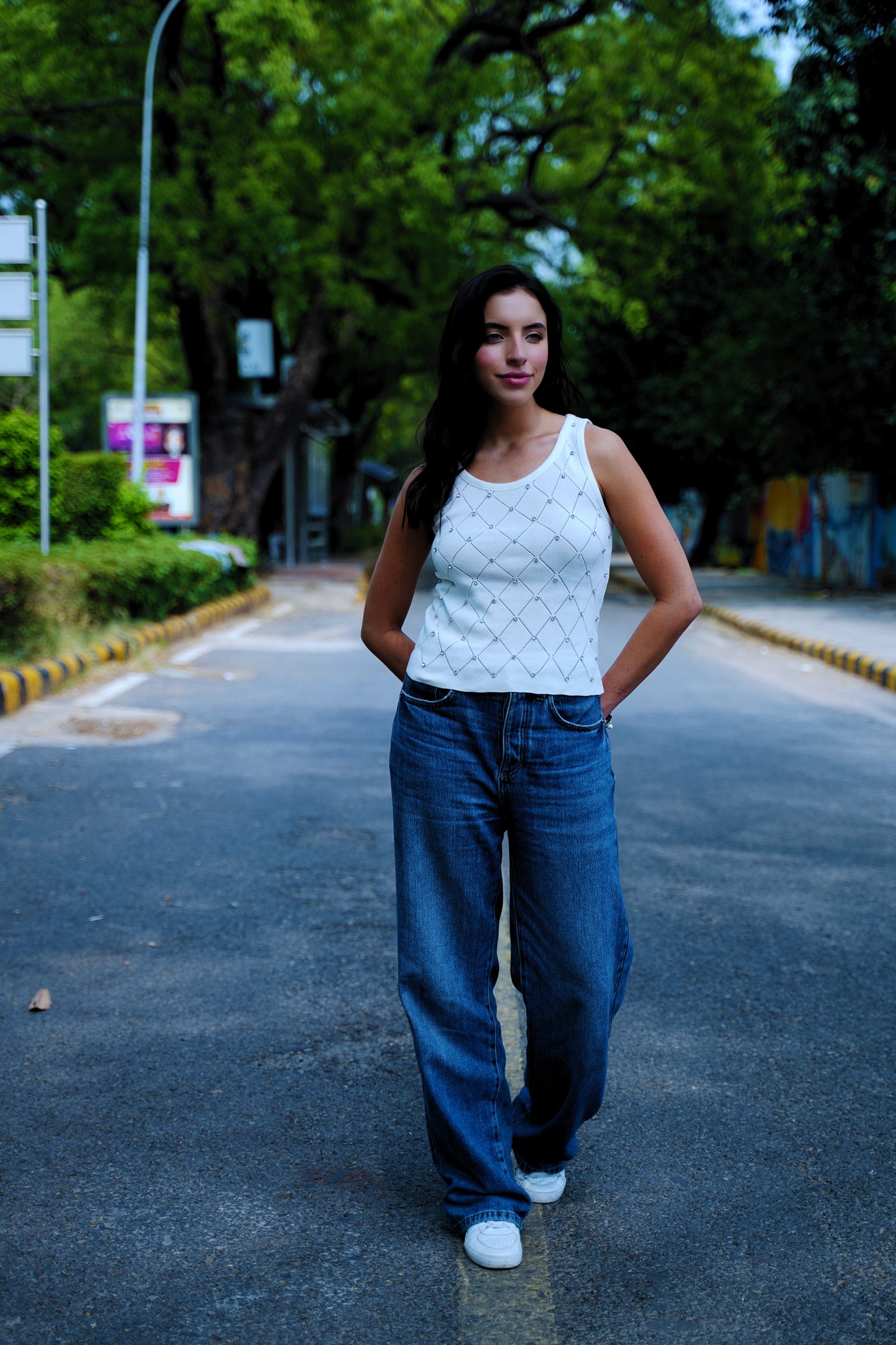 Diamond Dust – White Racerback Tank with Pointelle & Stones