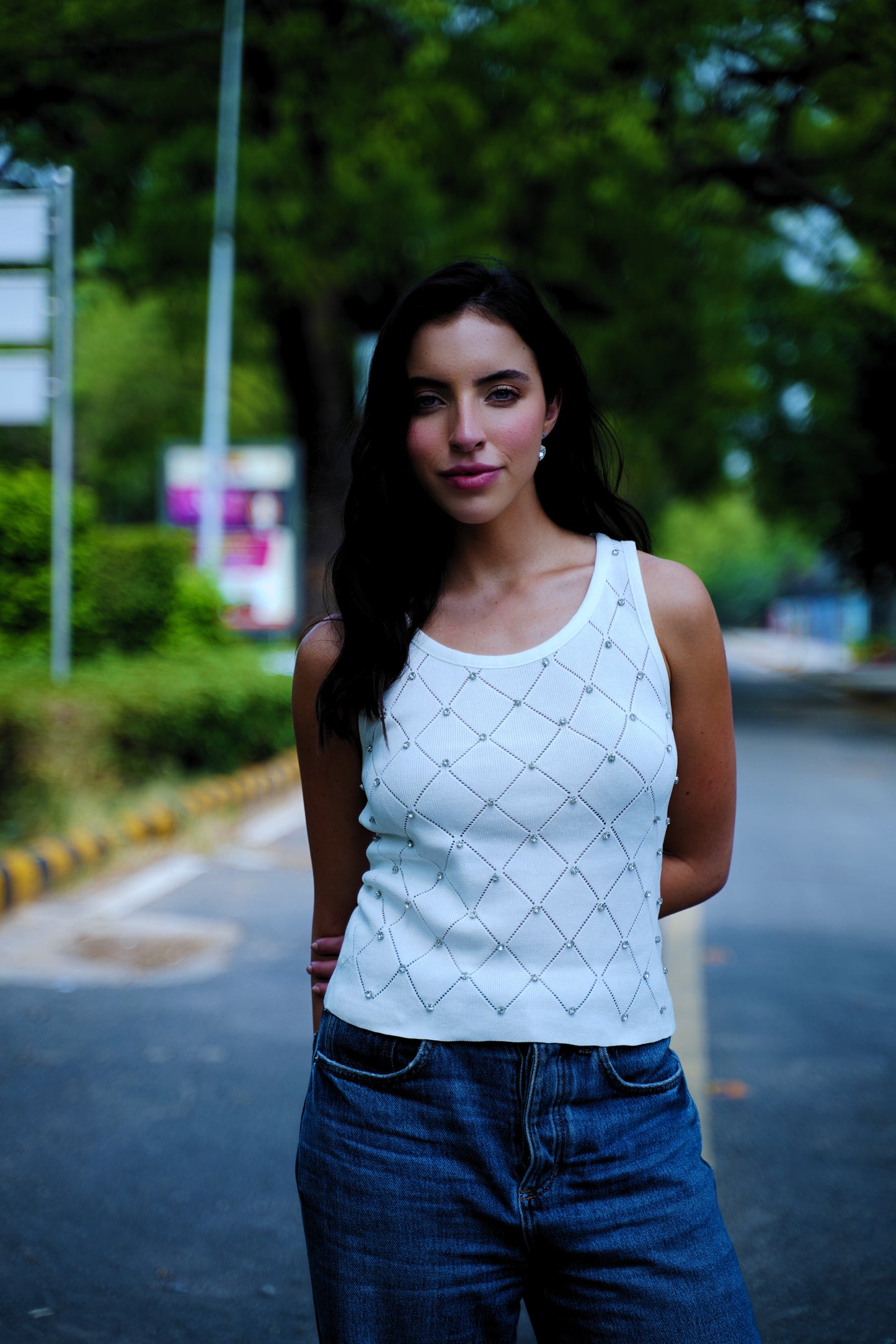 Diamond Dust – White Racerback Tank with Pointelle & Stones