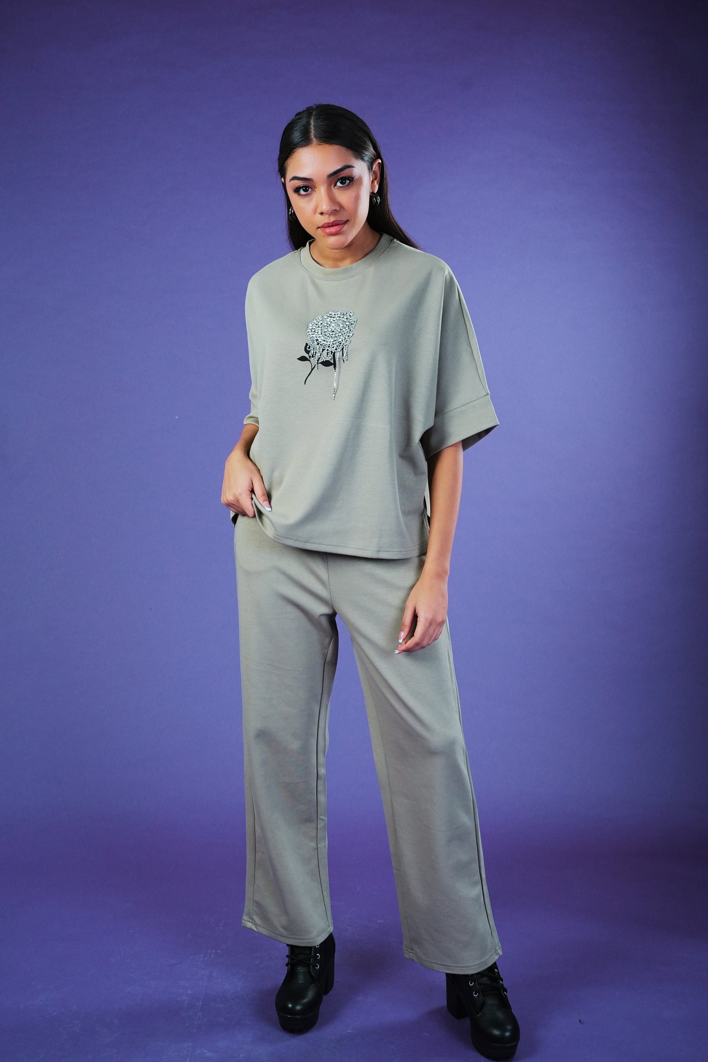 Matcha Diamond Bloom Co-ord Set for Women – Rhinestone Rose Embroidered Tee & Stretch Knit Pants with Pockets