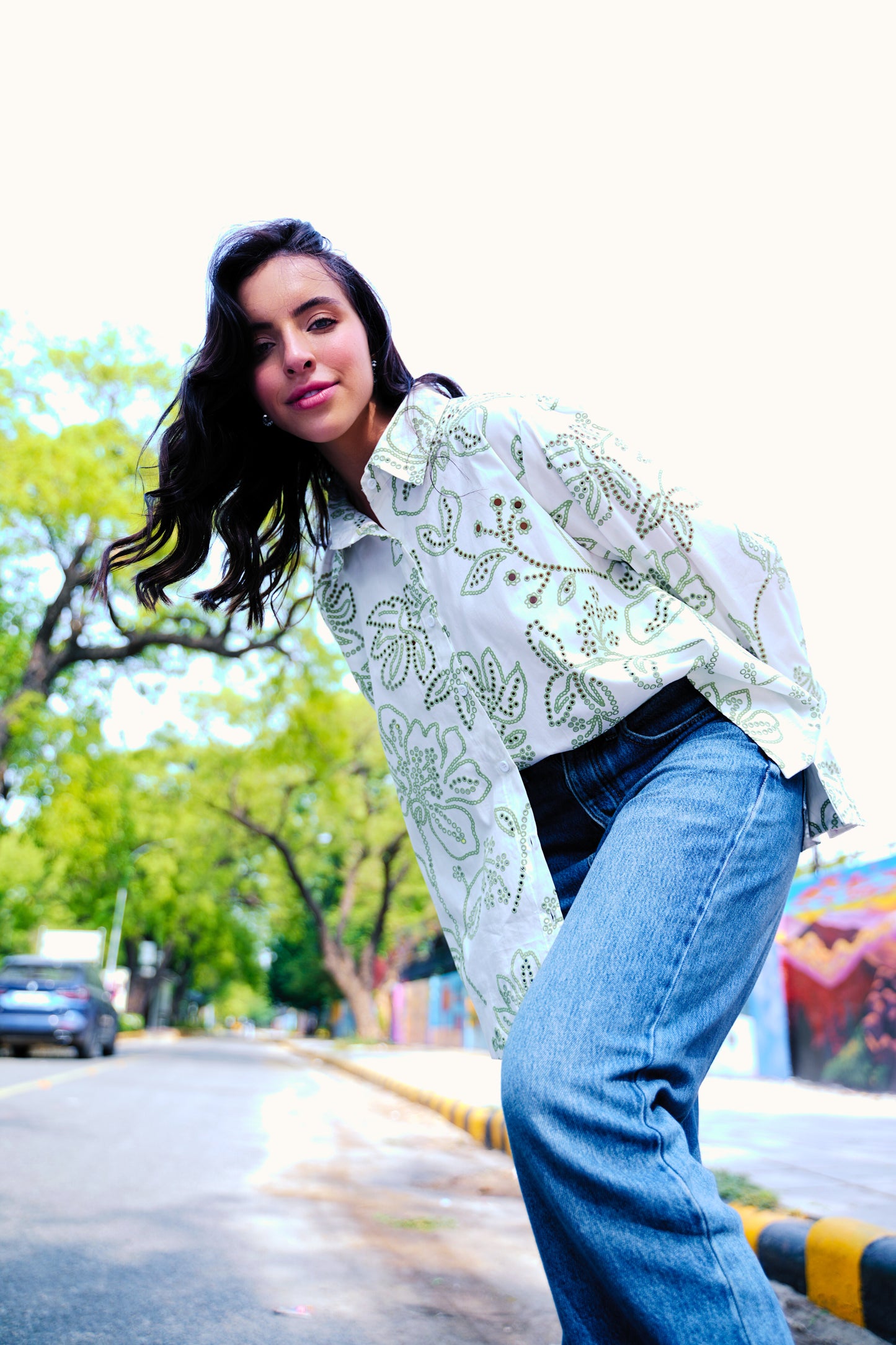 Heritage Bloom – Laser-Cut Oversized Cotton Shirt