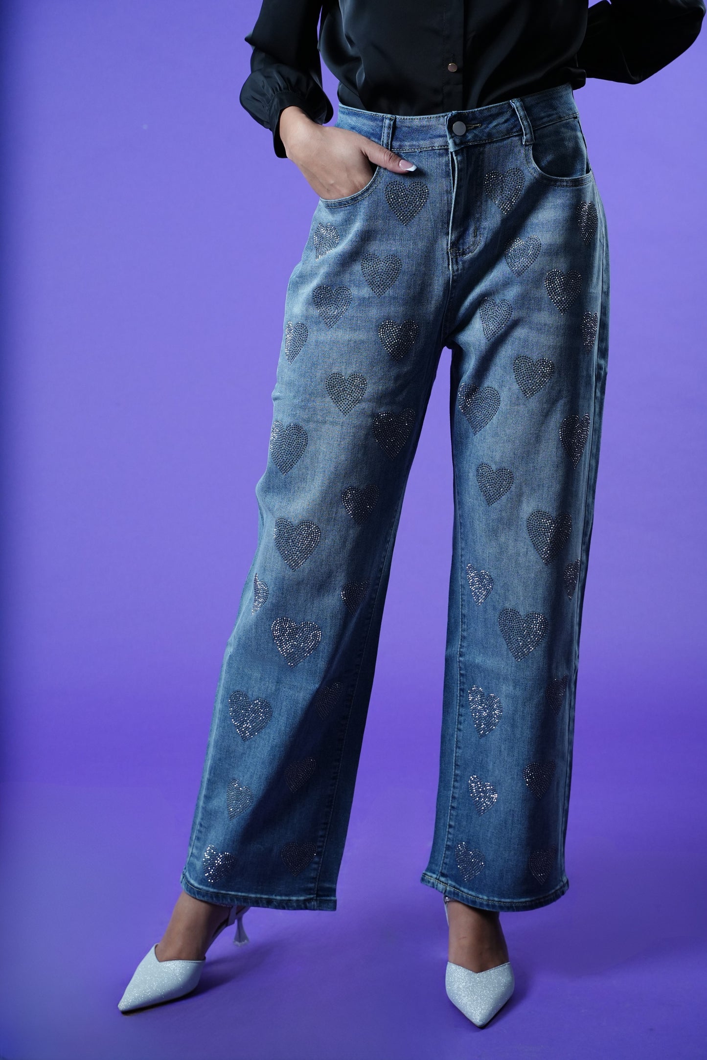 Denim Jeans with heart pattern all over embellished with rhinestone