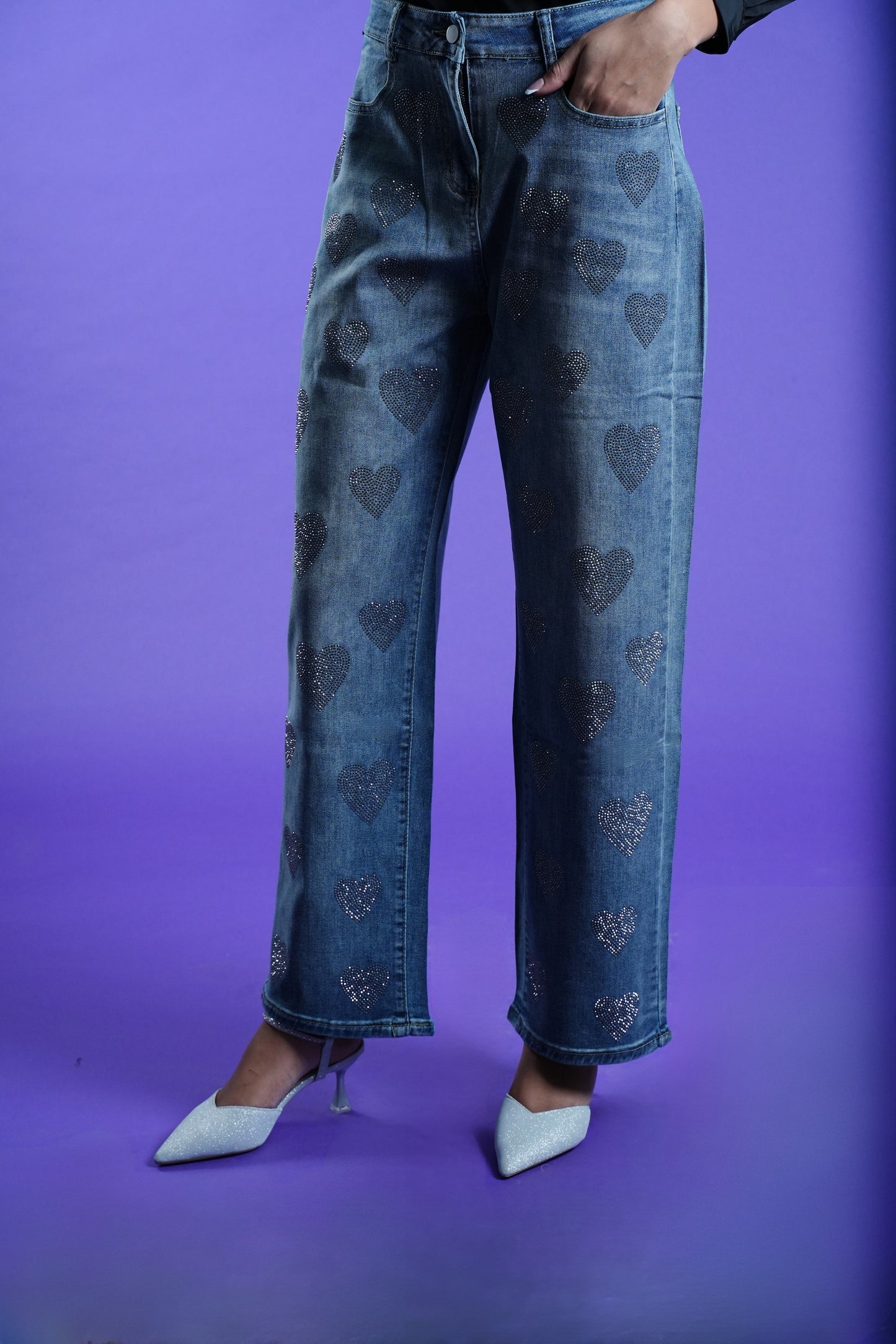 Denim jeans with heart STUDDED RHINESTONE patterns embellished