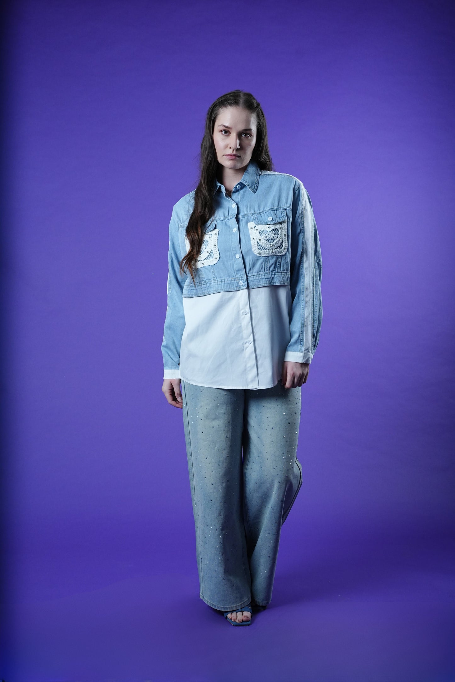 Boho chic women’s half denim half cotton shirt styled casually with handcrafted crochet and subtle sparkle details
