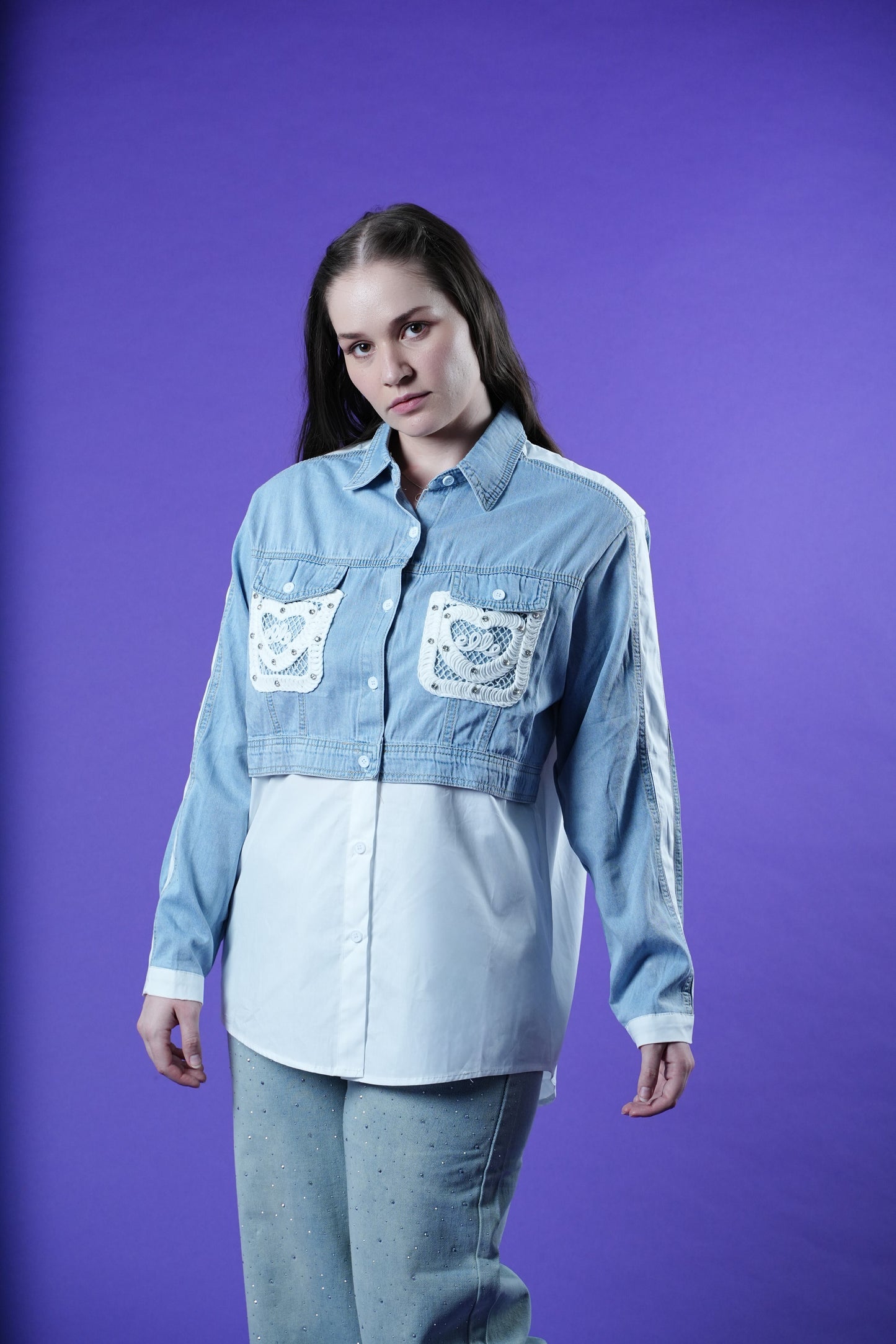 Long denim sleeve with white cotton fabric taping detail on half and half button down shirt
