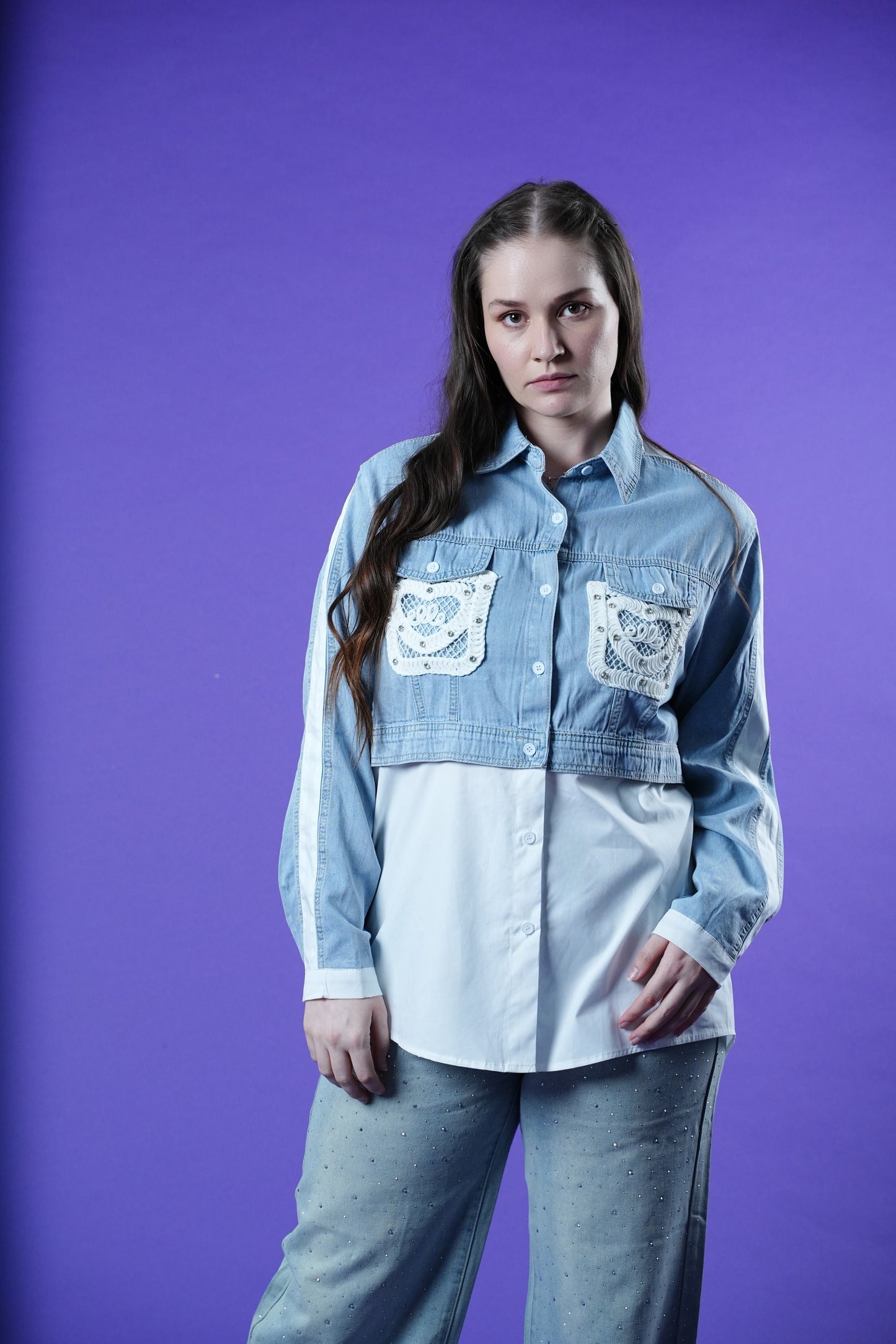 Women’s half denim half white poplin shirt with shirt collar, button front, crochet embroidered bust pockets and diamanté stones