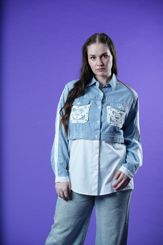 Women’s half denim half white poplin shirt with shirt collar, button front, crochet embroidered bust pockets and diamanté stones