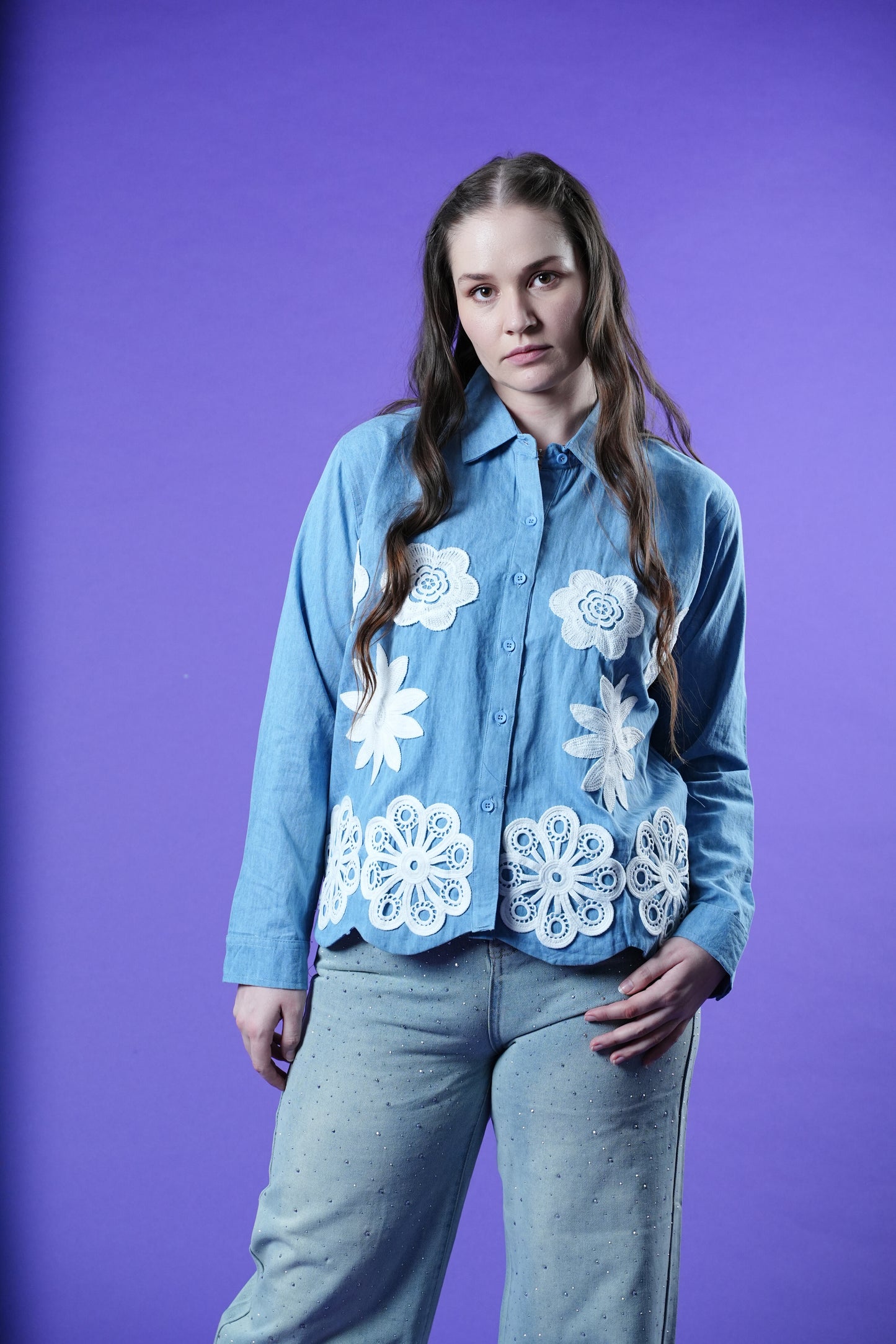 Denim Shirt with Patch 3D flowers