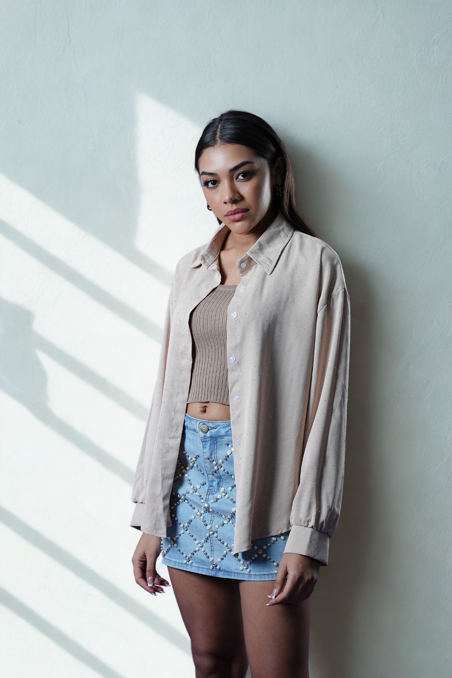 beige shirt and cami set, silver studded shirt