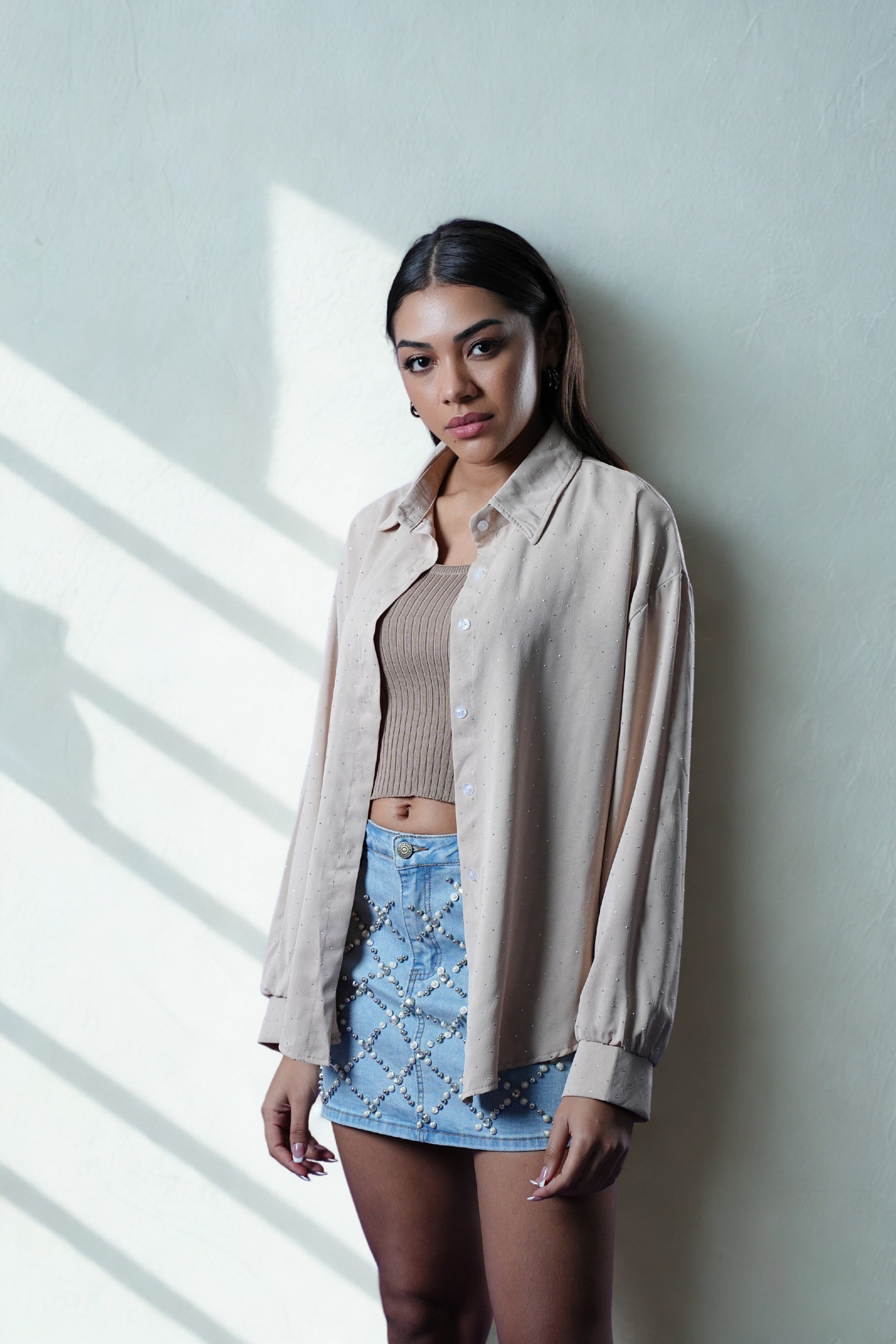beige shirt and cami set, silver studded shirt