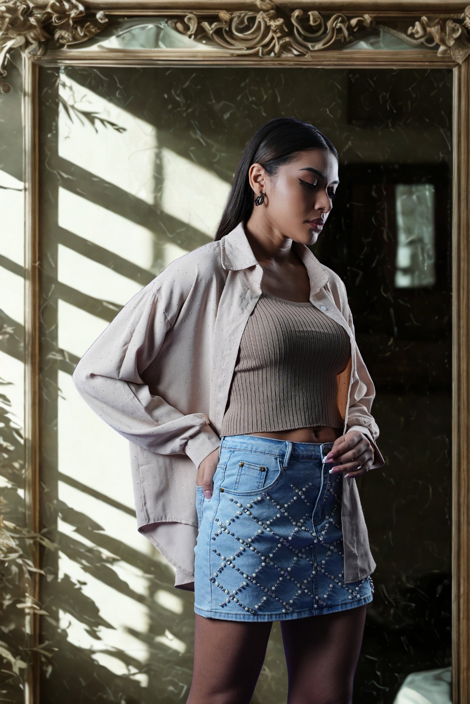 beige shirt and cami set, silver studded shirt