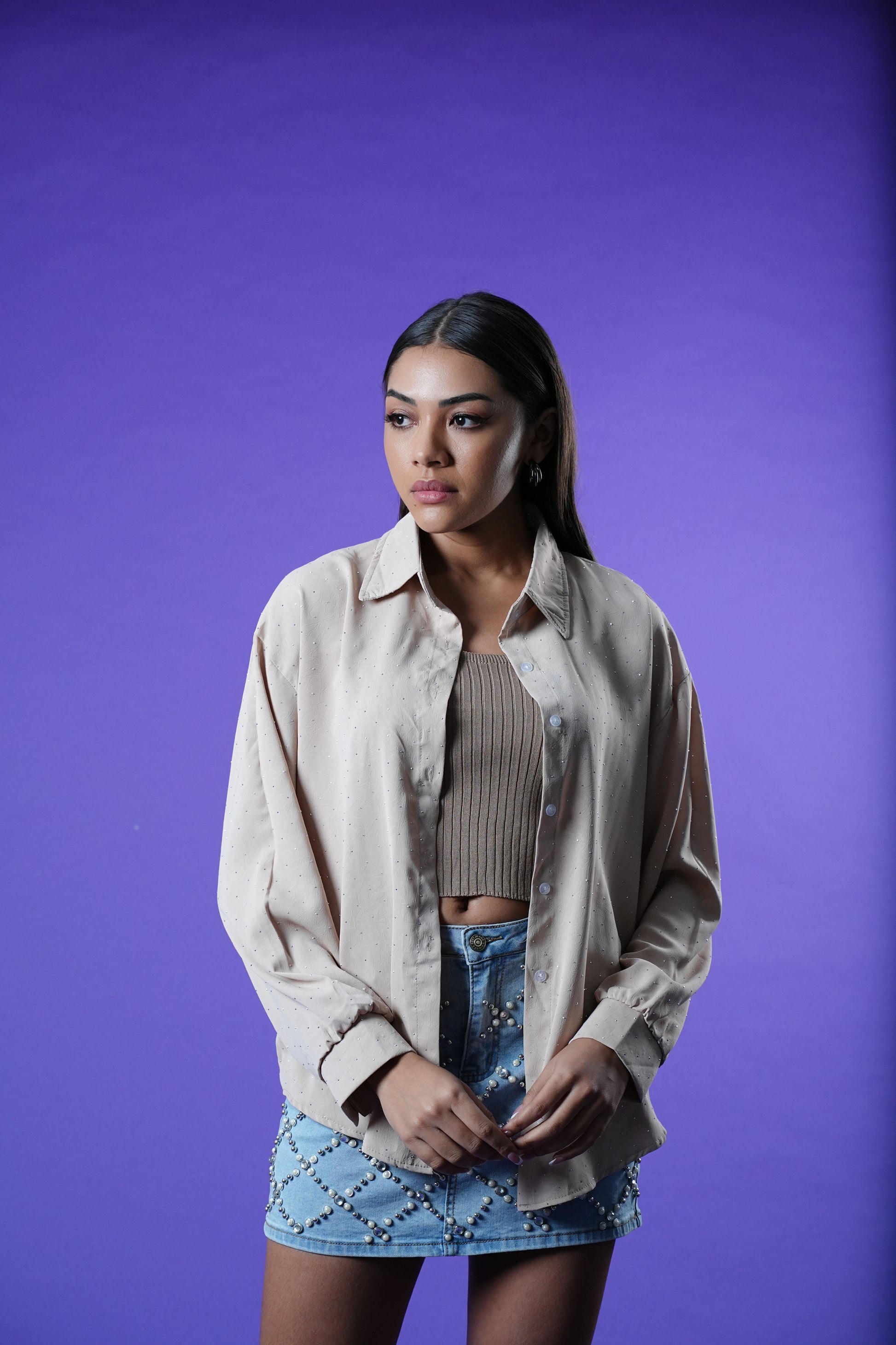 beige shirt and cami set, shirt is silver studded