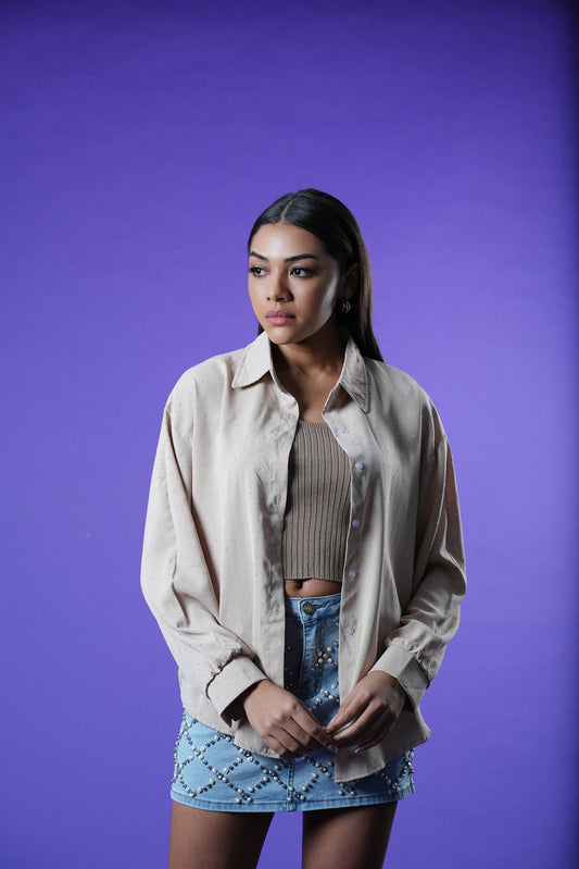 beige shirt and cami set, shirt is silver studded