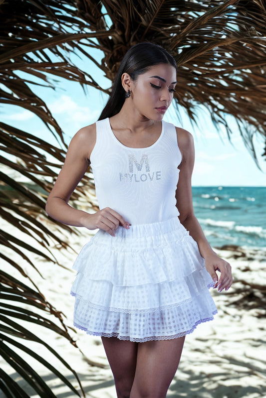 White on white check mini skirt with lace hem, flared fit, elasticated waistband and inner shorts
