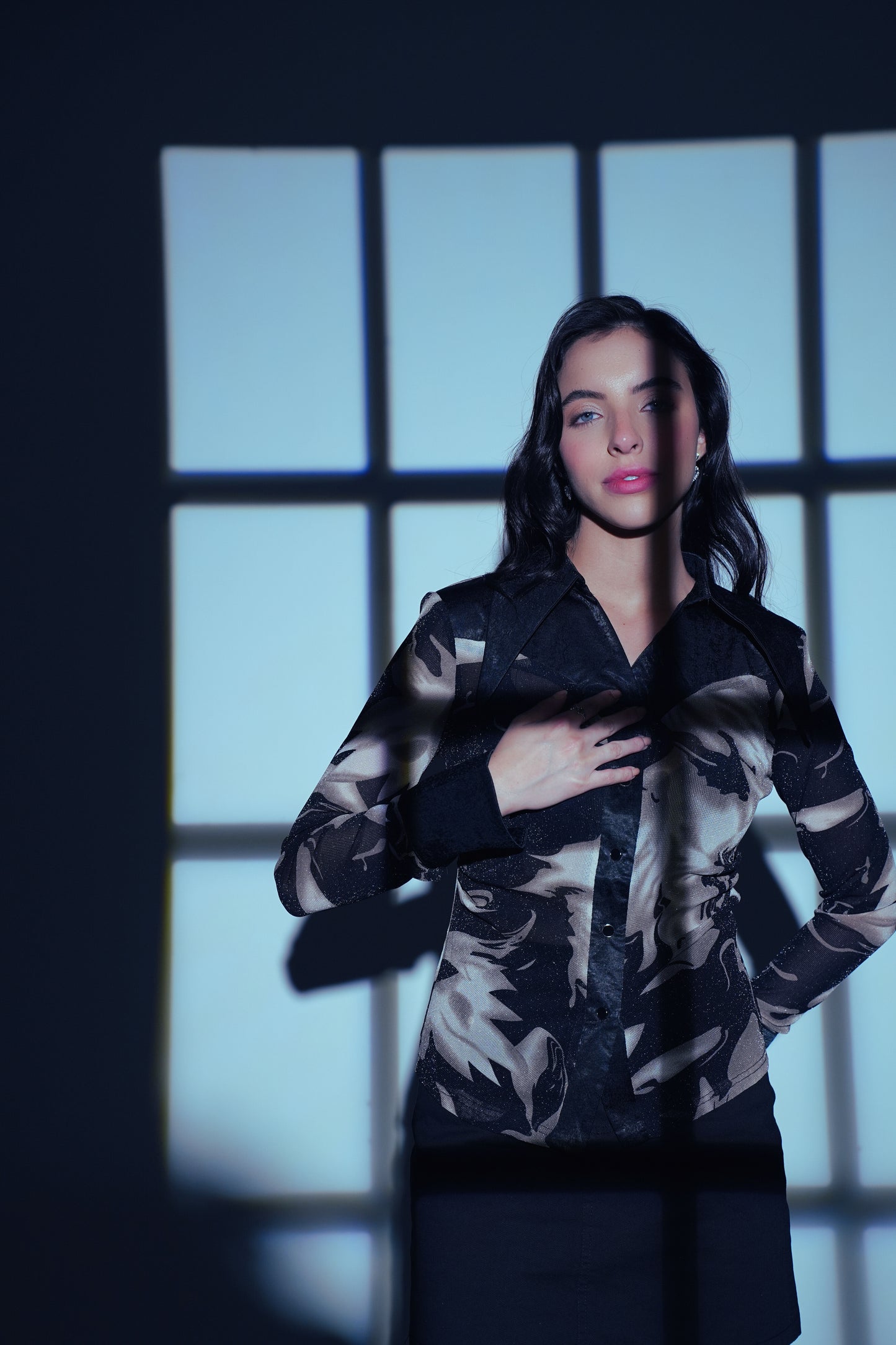 Galaxy Glaze – Printed Mesh Sheer Shimmer Top