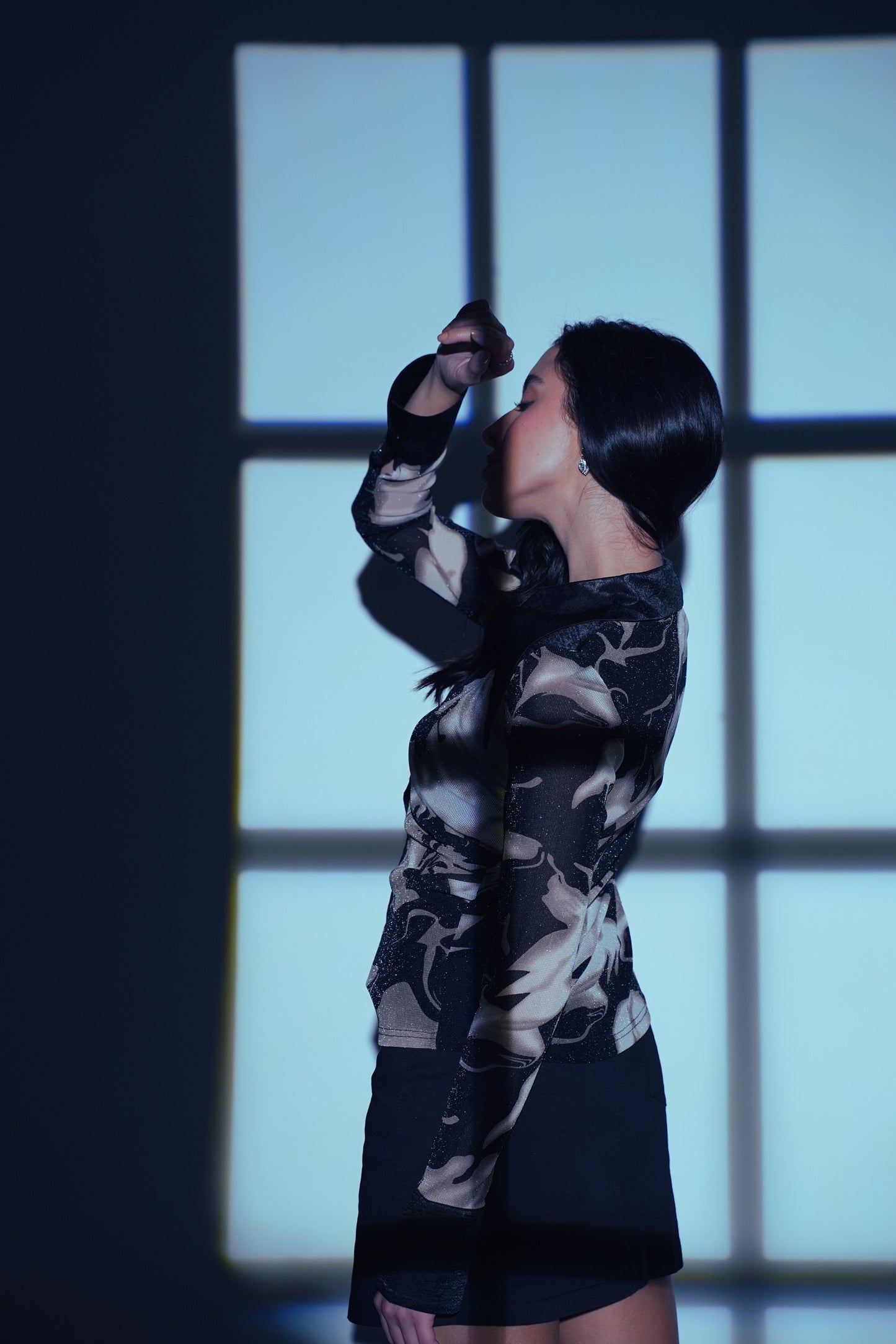 Galaxy Glaze – Printed Mesh Sheer Shimmer Top