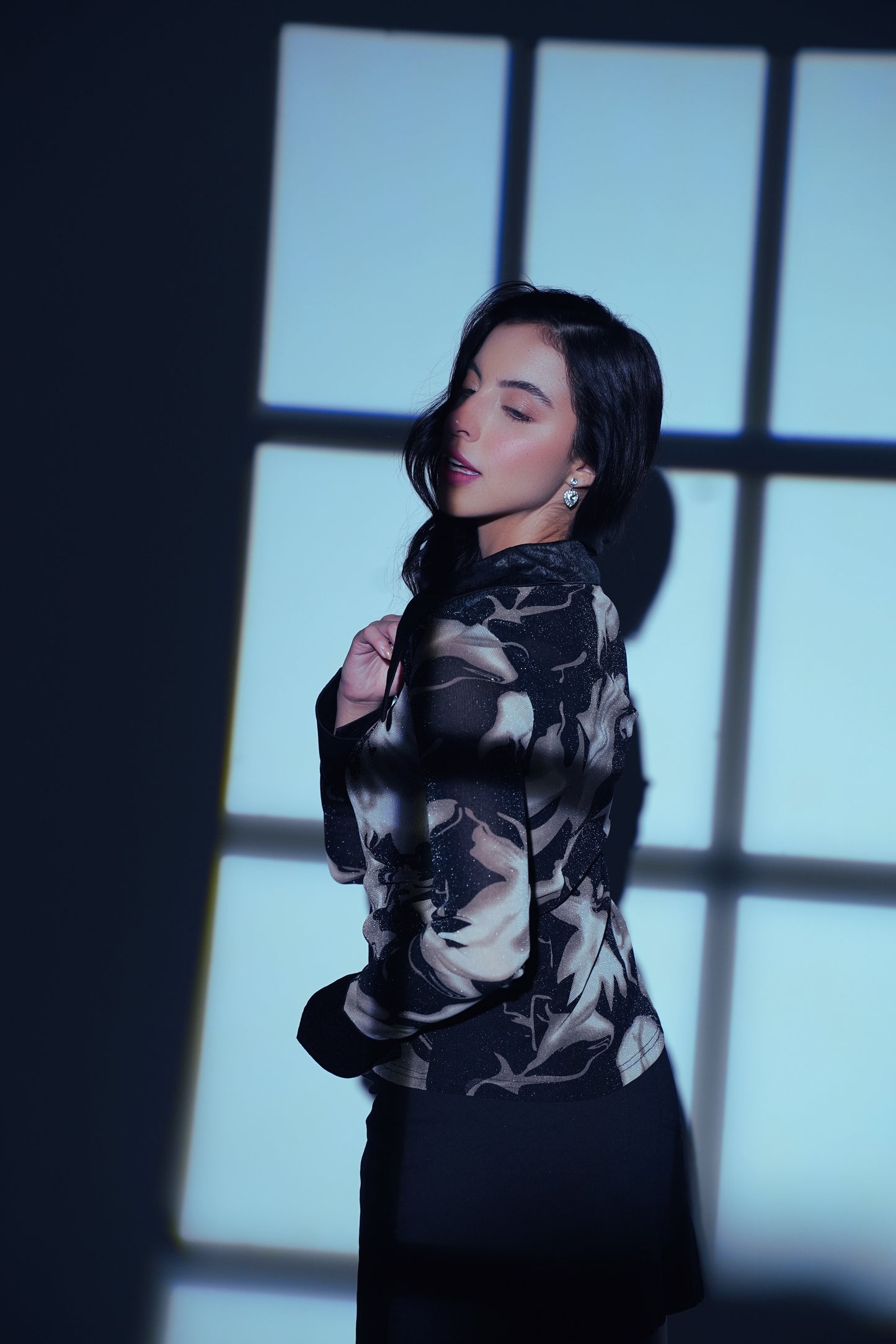 Galaxy Glaze – Printed Mesh Sheer Shimmer Top