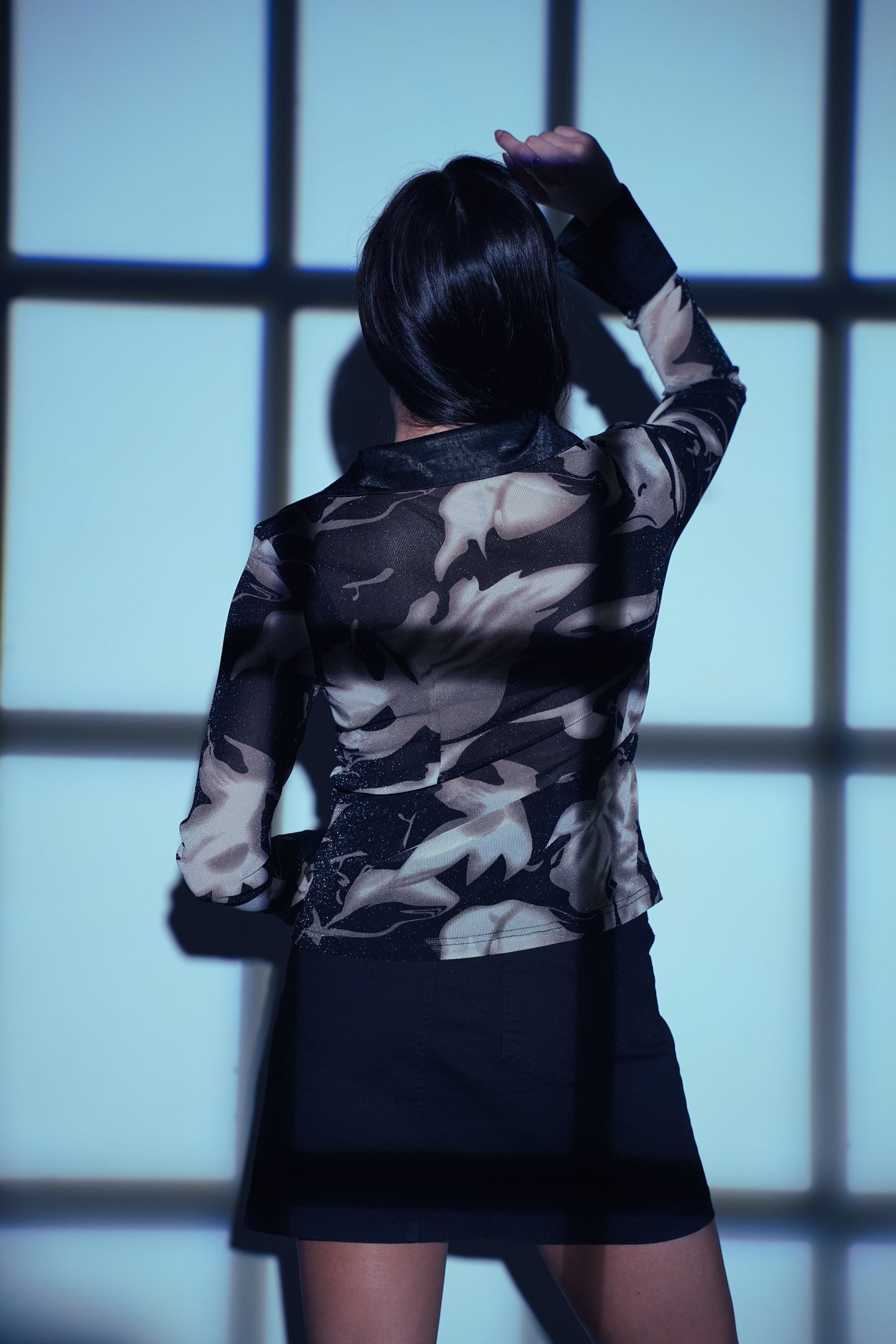 Galaxy Glaze – Printed Mesh Sheer Shimmer Top