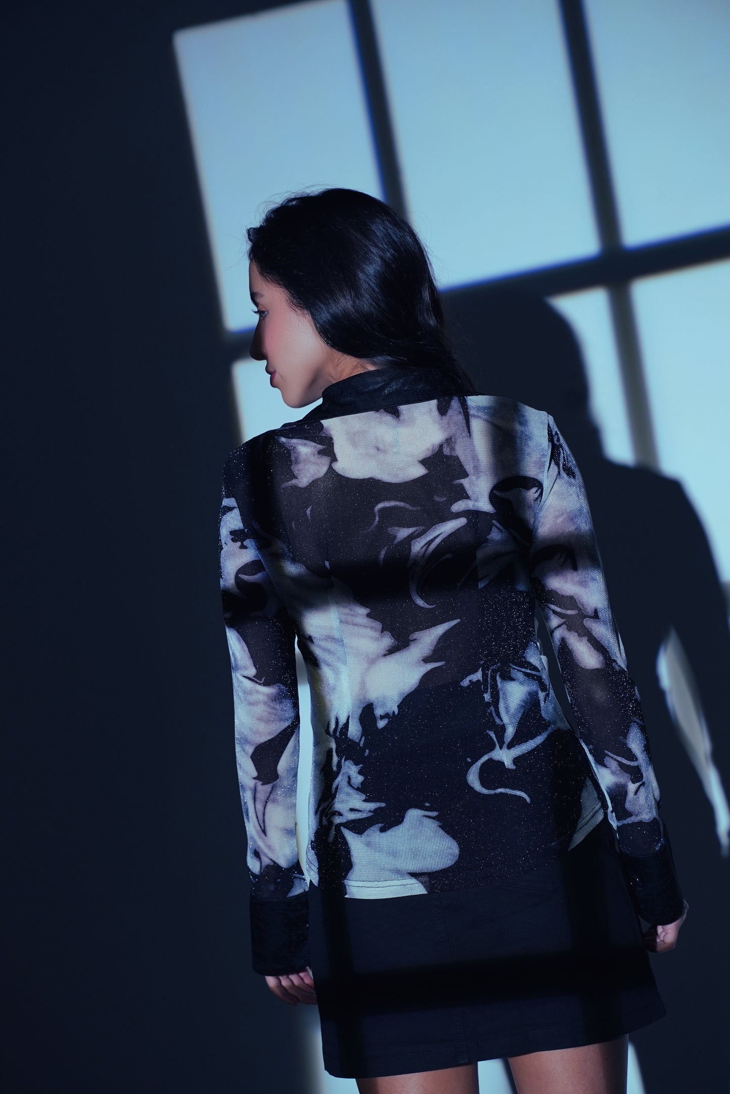 Eclipse Vibe – Long Collar Shimmer Mesh Shirt