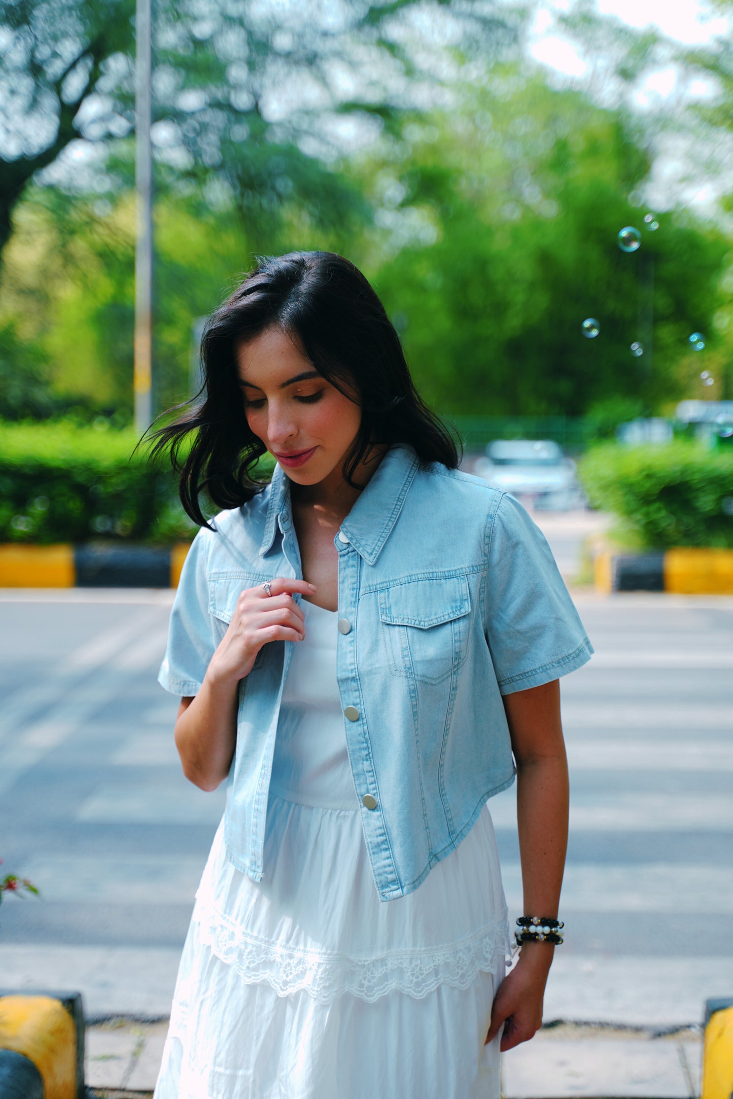 Cloudlight Muse Dress Set – White Tiered Maxi with Cropped Denim Shirt