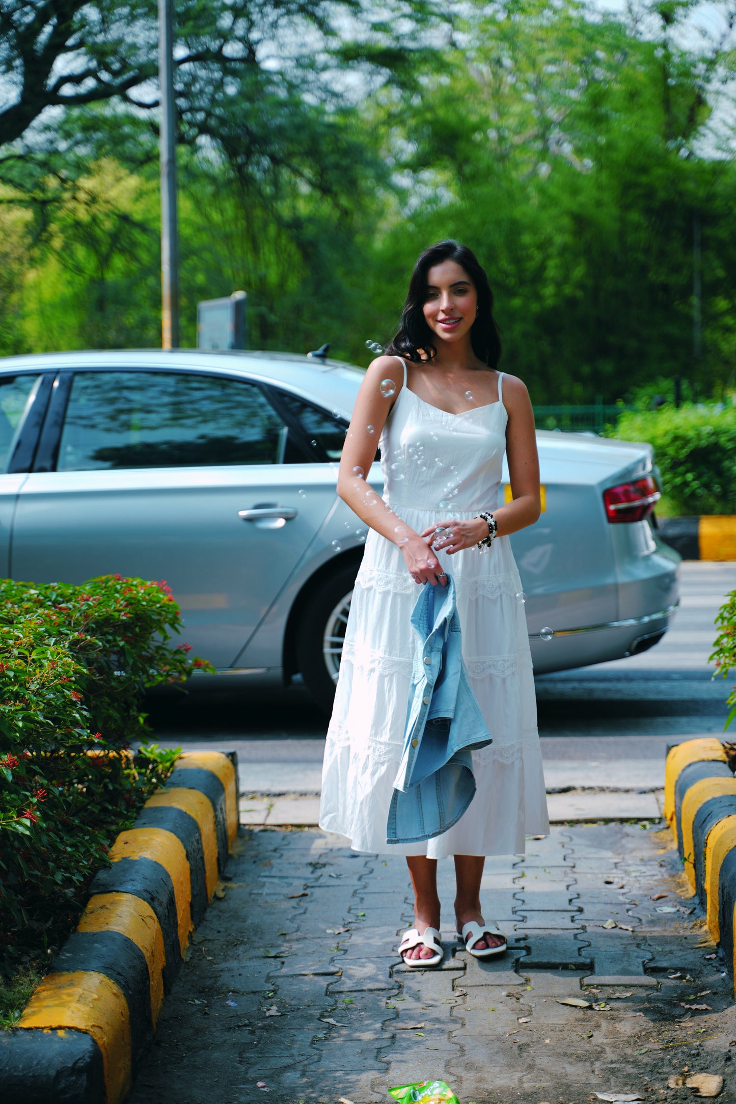 Cloudlight Muse Dress Set – White Tiered Maxi with Cropped Denim Shirt