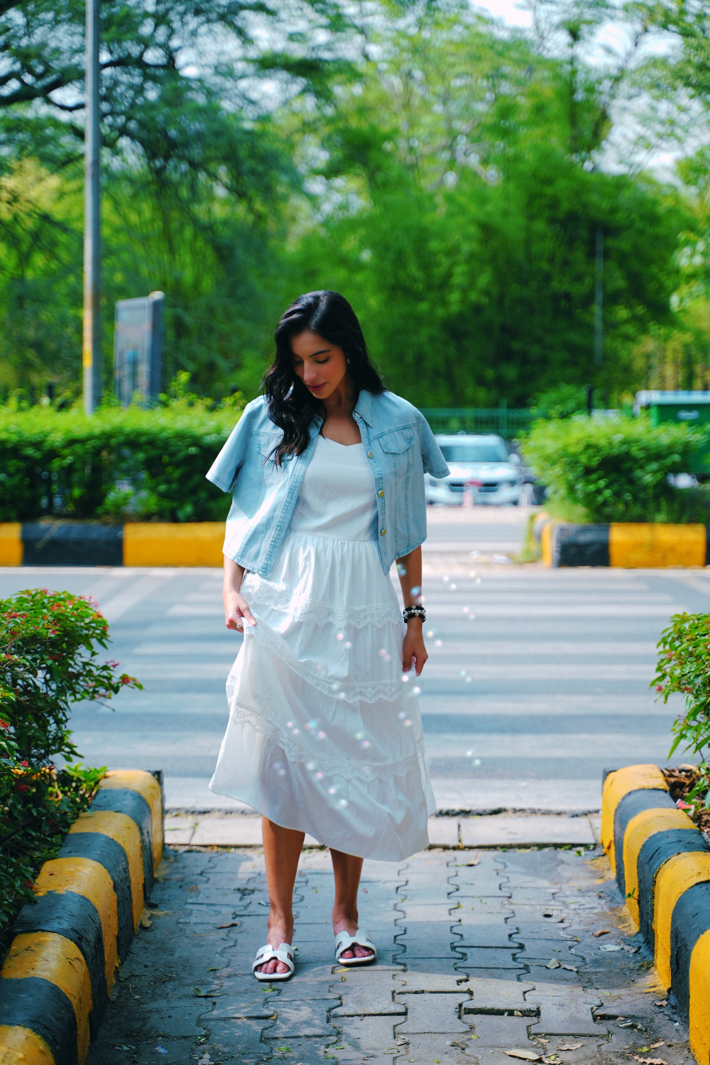 Cloudlight Muse Dress Set – White Tiered Maxi with Cropped Denim Shirt