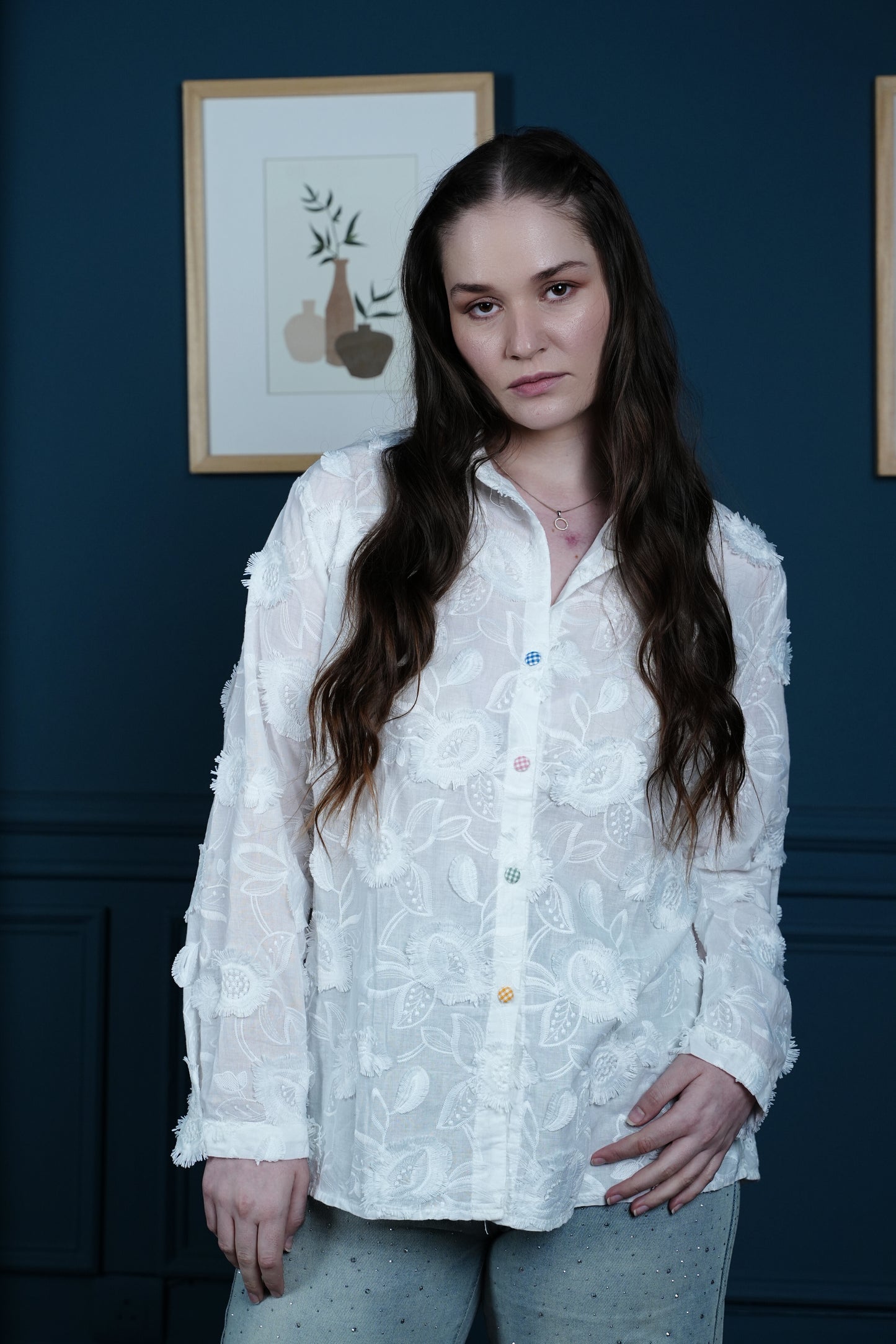 Floral Drift Shirt – Fringe Embroidery & Schiffli Back