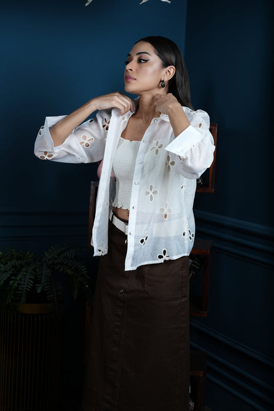 Beige Cotton Schiffli Shirt & Smocked Tube Top Co-Ord Set – Adjustable Straps | Summer Chic Edition